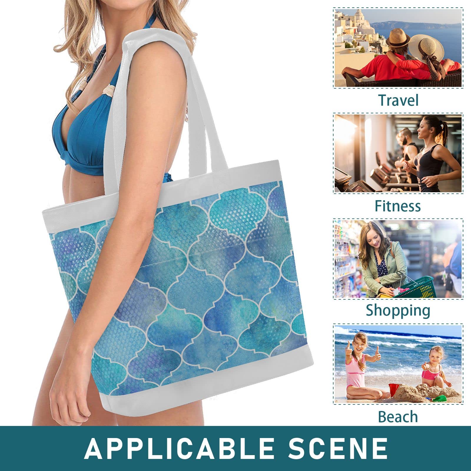 J JOYSAY Blue Moroccan Style Mesh Beach Tote Bag - Large Reusable Tote for Women, Perfect for Beach, Gym, Grocery Shopping & Daily Use