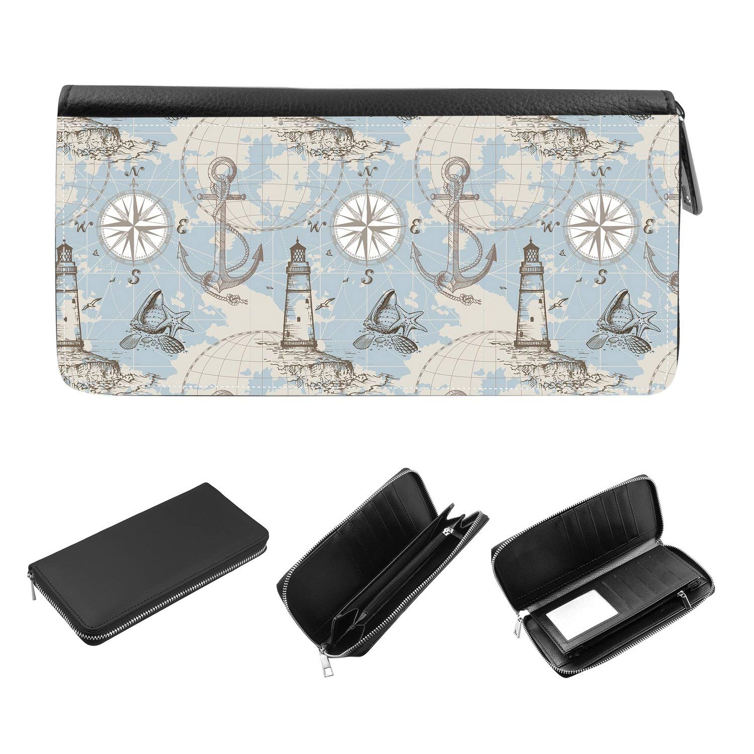 RFID Blocking Women's Zip Around Wallet & Phone Clutch with Card Organizer - Hand Drawn Nautical Sea Map Design (Compass, Lighthouse, Anchor, Seashells) - Perfect for Travel, Shopping & Everyday Use