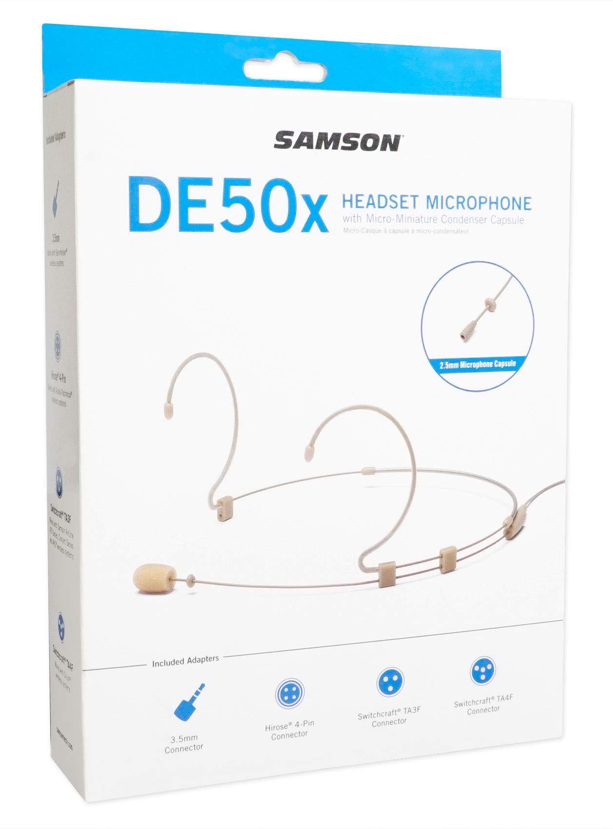 Samson DE50X Professional Headset Microphone with 4 Adapters, 2.5mm Capsule, Clip & Windscreens - Ideal for Podcasting, Gaming, Live Streaming & Broadcast Use