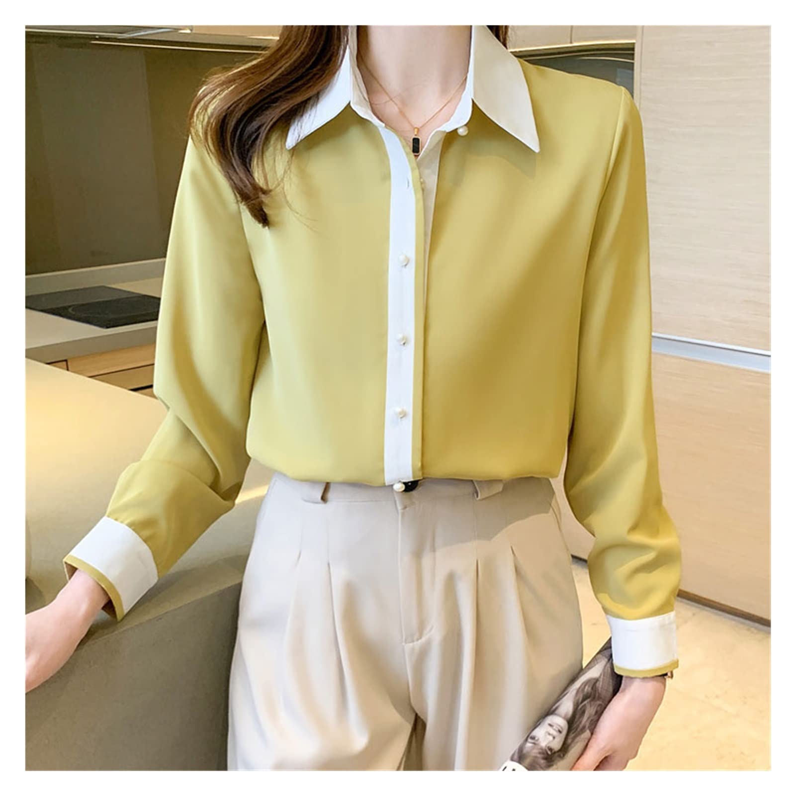 WALNUTA Women's Long Sleeve Chiffon Blouse with Turn Down Collar - Elegant White Tops for Work, Office & Formal Occasions