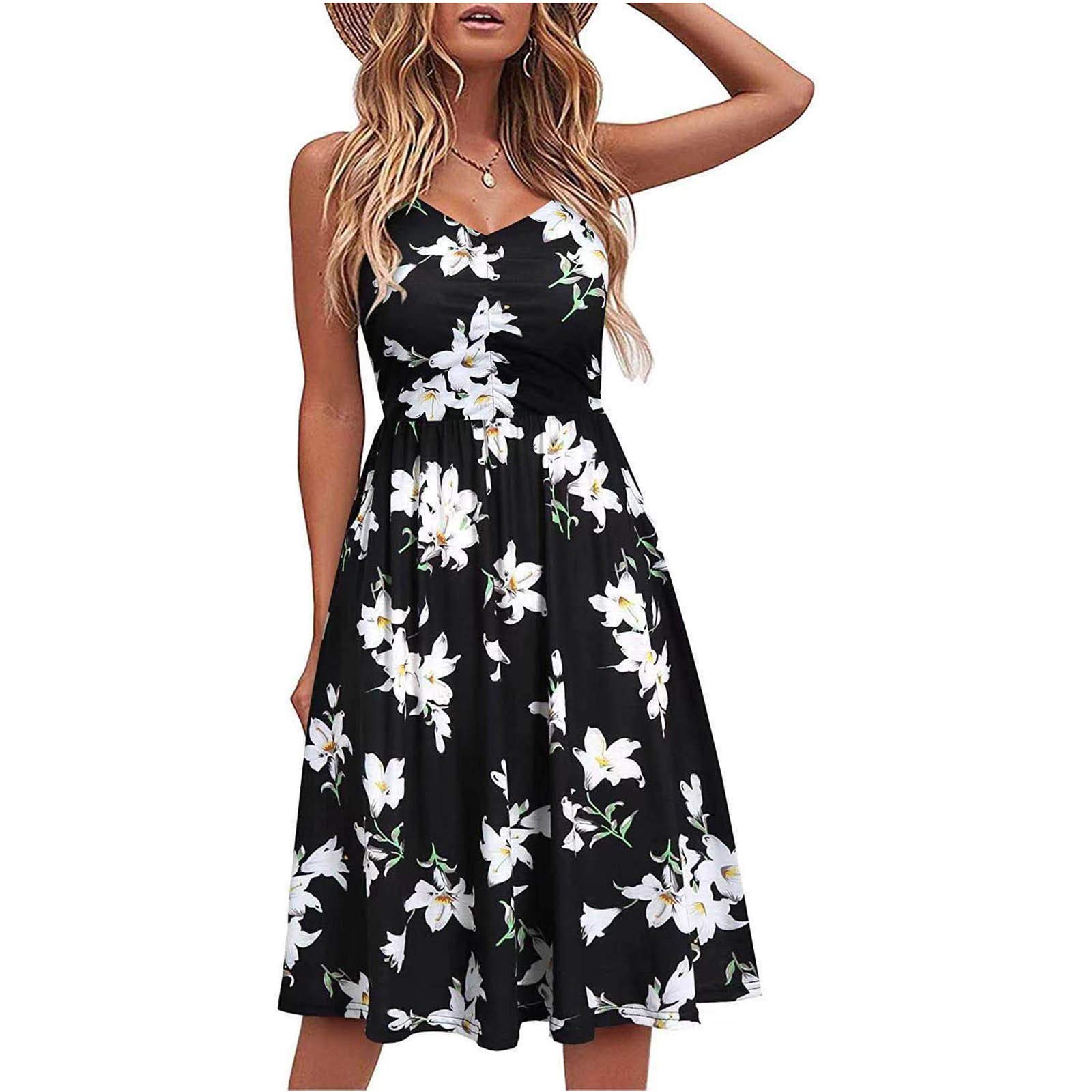 Masbird Women's Summer Spaghetti Strap Mini Dress - Sleeveless V-Neck Swing Beach Dress with Folds for Casual Outings & Vacation Wear