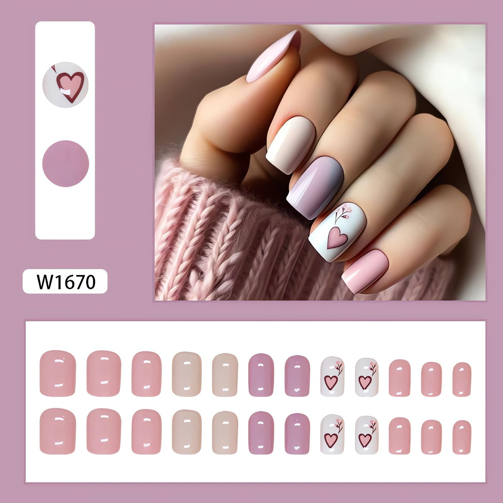 Valentine's Day Press On Nails Short Square Fake Nails - 24Pcs Heart Design Glossy Pink False Nails with Glue | Full Cover Stick On Nails for Women | Perfect for Date Night, Bridal Shower & Romantic Occasions