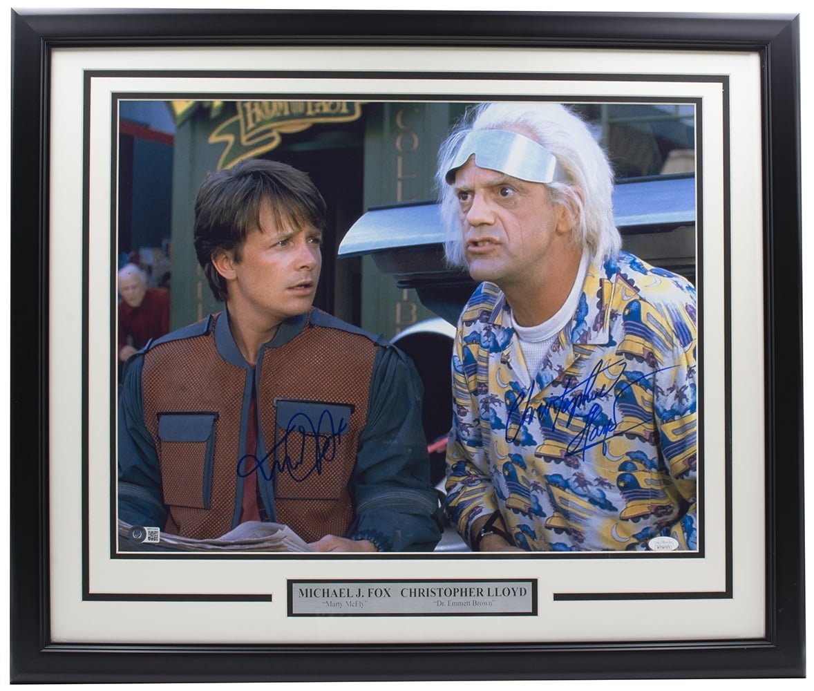 Authentic Michael J. Fox & Christopher Lloyd Signed Framed 16x20 Back to the Future Photo with JSA Certificate - Perfect for Movie Memorabilia Collectors & Home Theater Decor