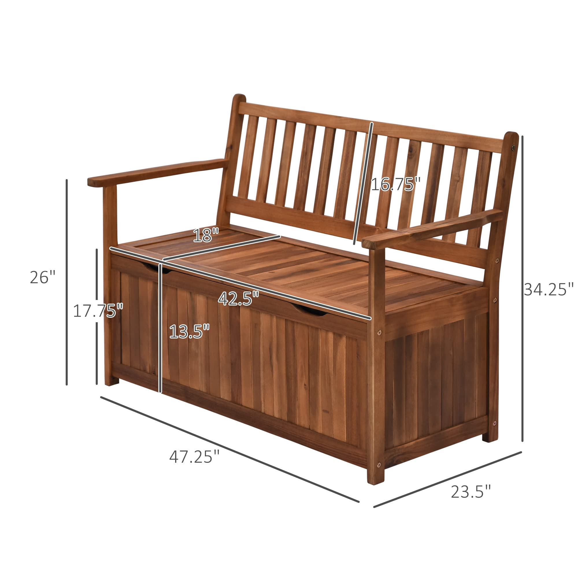 Outsunny 41 Gallon Outdoor Storage Bench with Waterproof PE Lining - Teak Wooden Deck Box for Patio, Garden, Balcony & Yard - Perfect for Storing Garden Tools, Cushions & Outdoor Accessories (2-Seat Design)