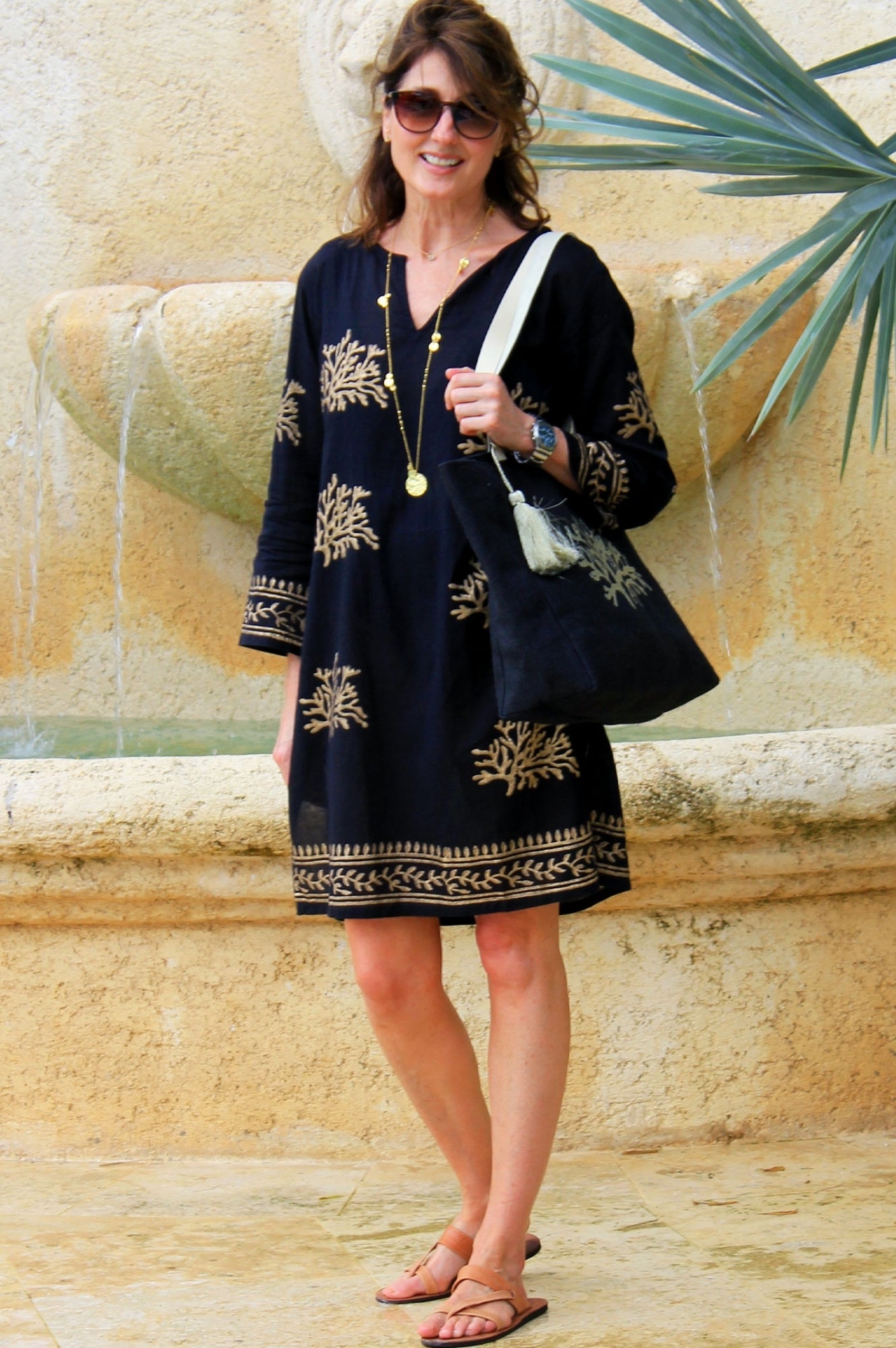 Guadalupe Short Tunic for Women - Elegant Black & Gold Floral Print Top | Perfect for Casual Wear, Summer Outfits, and Beach Vacations