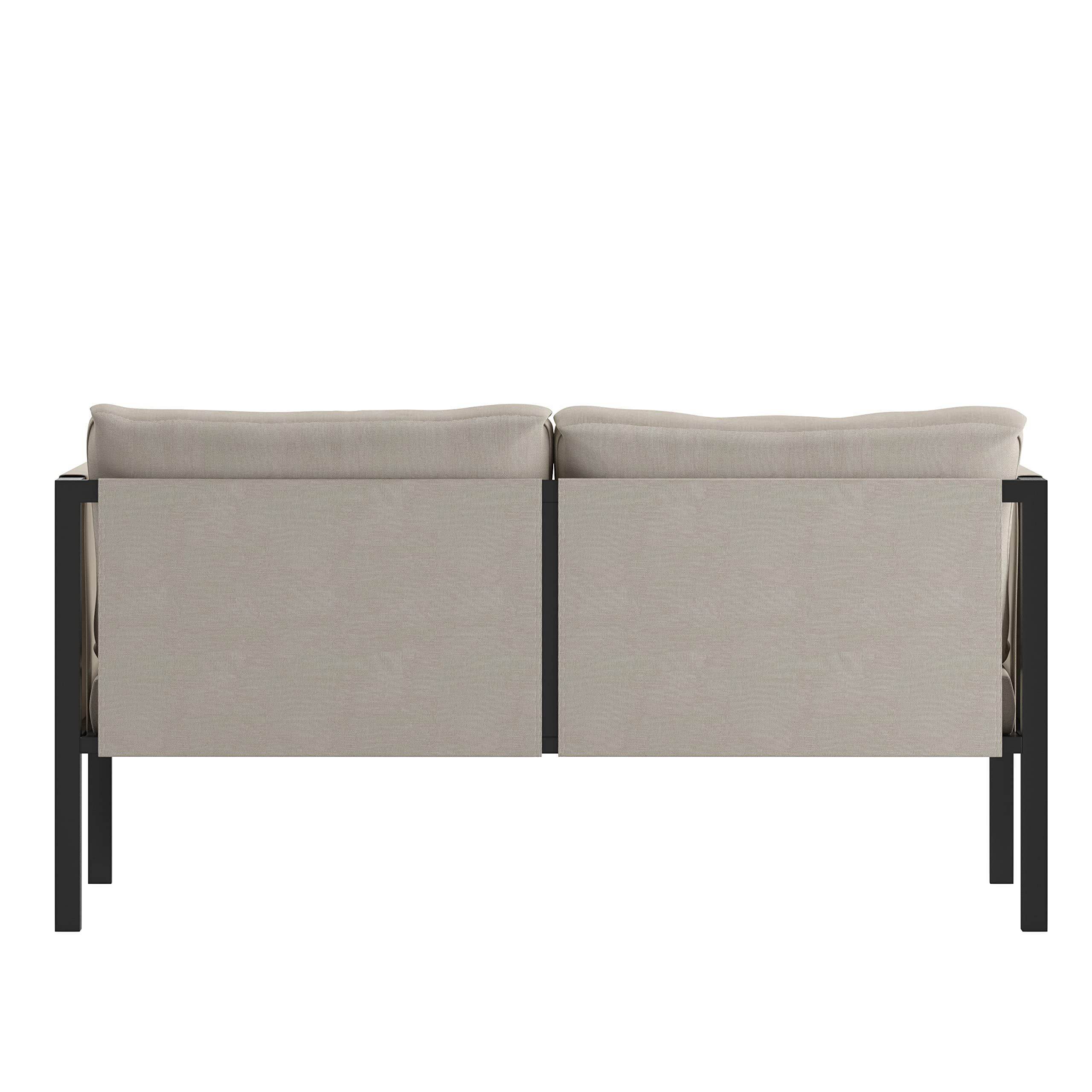 Flash Furniture Lea Indoor/Outdoor Loveseat with Cushions - Modern Steel Frame 2-Seater Sofa with Storage Pockets, Black with Beige Cushions - Perfect for Patio, Deck, Balcony & Small Space Living