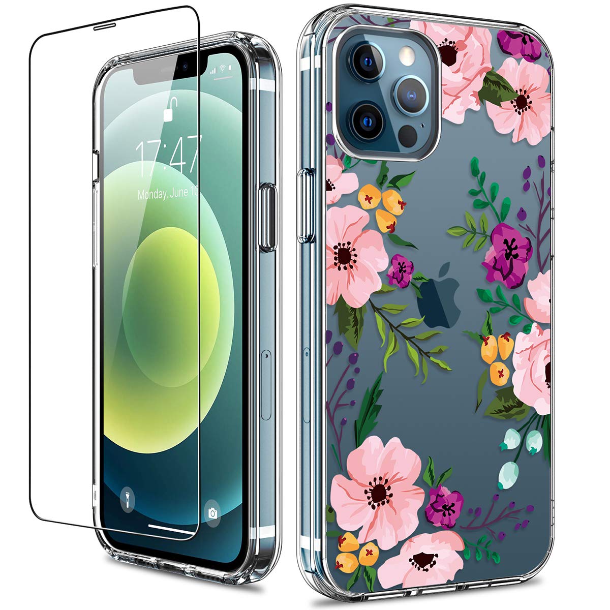 GiiKa Clear Shockproof iPhone 12 Pro Max Case with Screen Protector - Floral Design Hard Case with TPU Bumper for Women & Girls | Perfect for Everyday Protection & Stylish Outfits