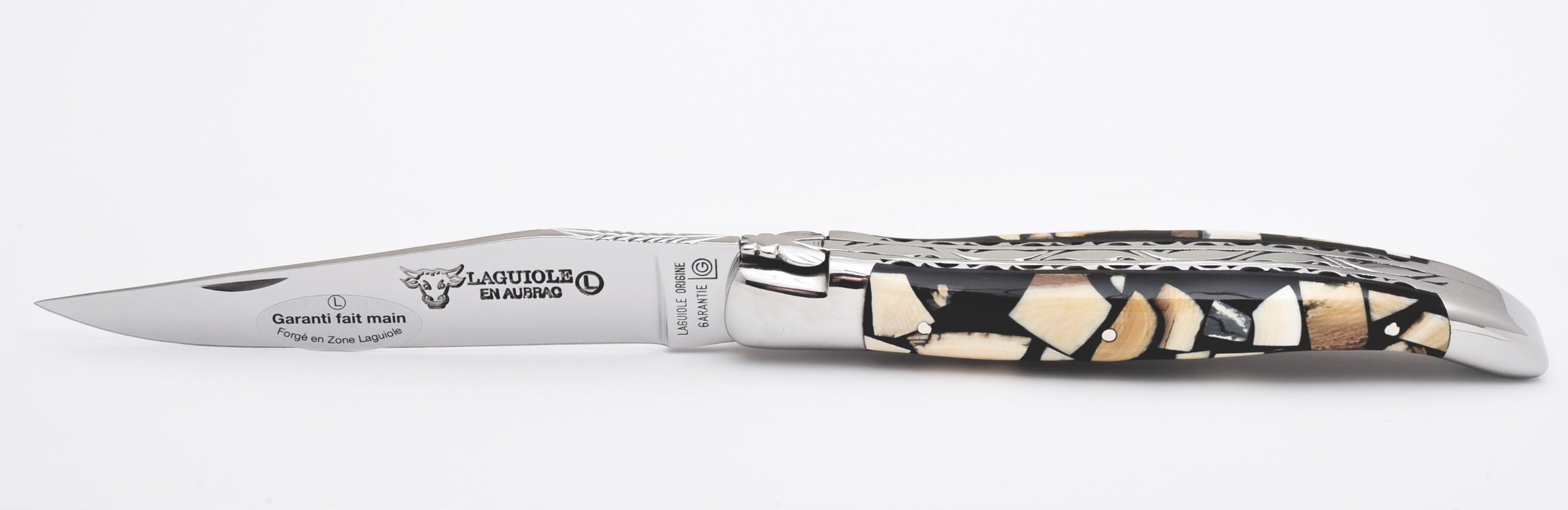 Laguiole en Aubrac Handmade Luxury Double Plates Folding Pocket Knife - 4.8 Inch (12cm) Polished Nougatine Handle & Stainless Steel Bolsters - Perfect for Camping, Hiking, and Everyday Carry (EDC)