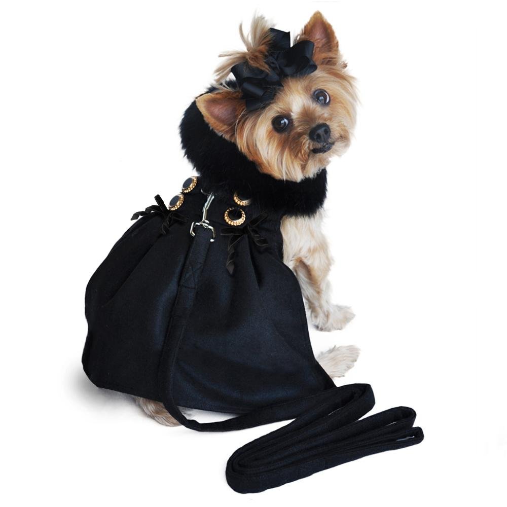 DOGGIE DESIGN Black Wool & Fur Dog Harness Coat - Small Size | Warm Winter Dog Jacket for Small Breeds, Outdoor Walking & Cold Weather Protection