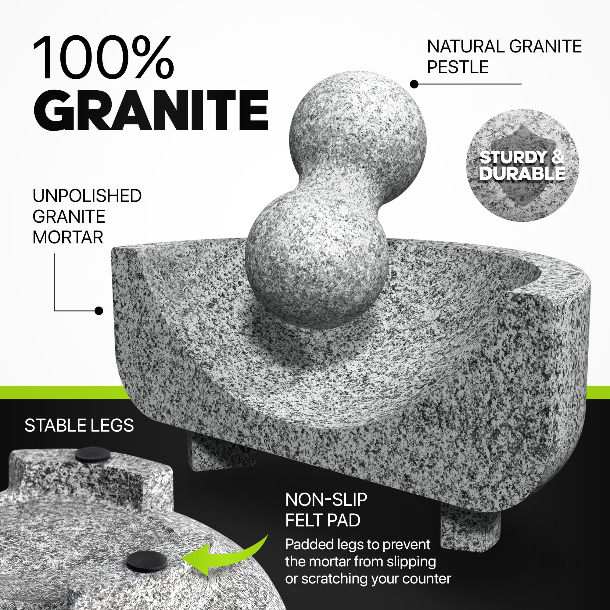 Umien™ Granite Mortar and Pestle Set - 8-Inch Natural Stone Molcajete for Grinding Spices, Making Guacamole & Pesto - 3.5-Cup Capacity with Free Avocado Tool - Durable 100% Granite Spice Grinder (Grey) - Perfect for Kitchen, Cooking, Mexican Cuisine & Herb Preparation