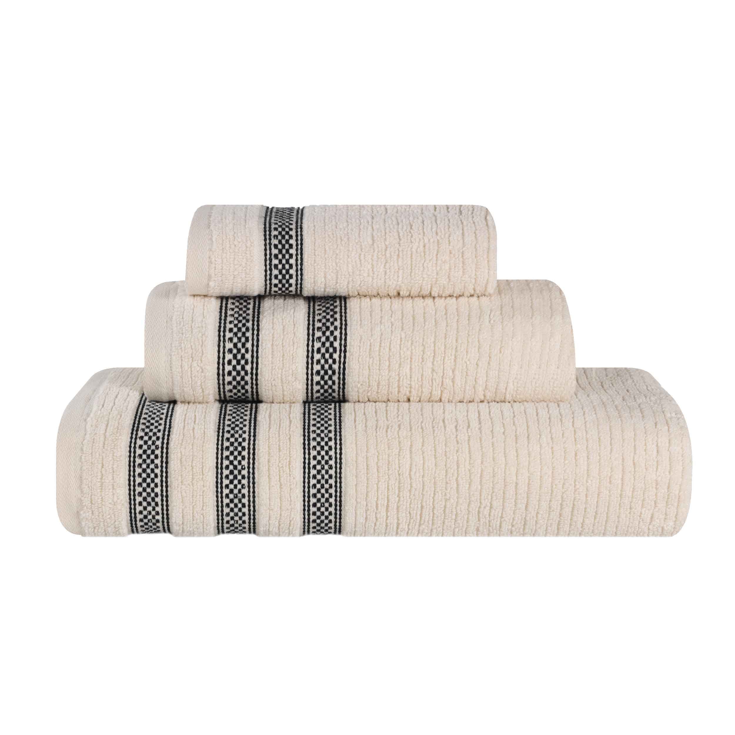 Premium Zero Twist Cotton Ribbed Geometric Border Plush 3-Piece Bath Towel Set - Ultra Soft & Absorbent for Spa, Bathroom & Luxury Home Use