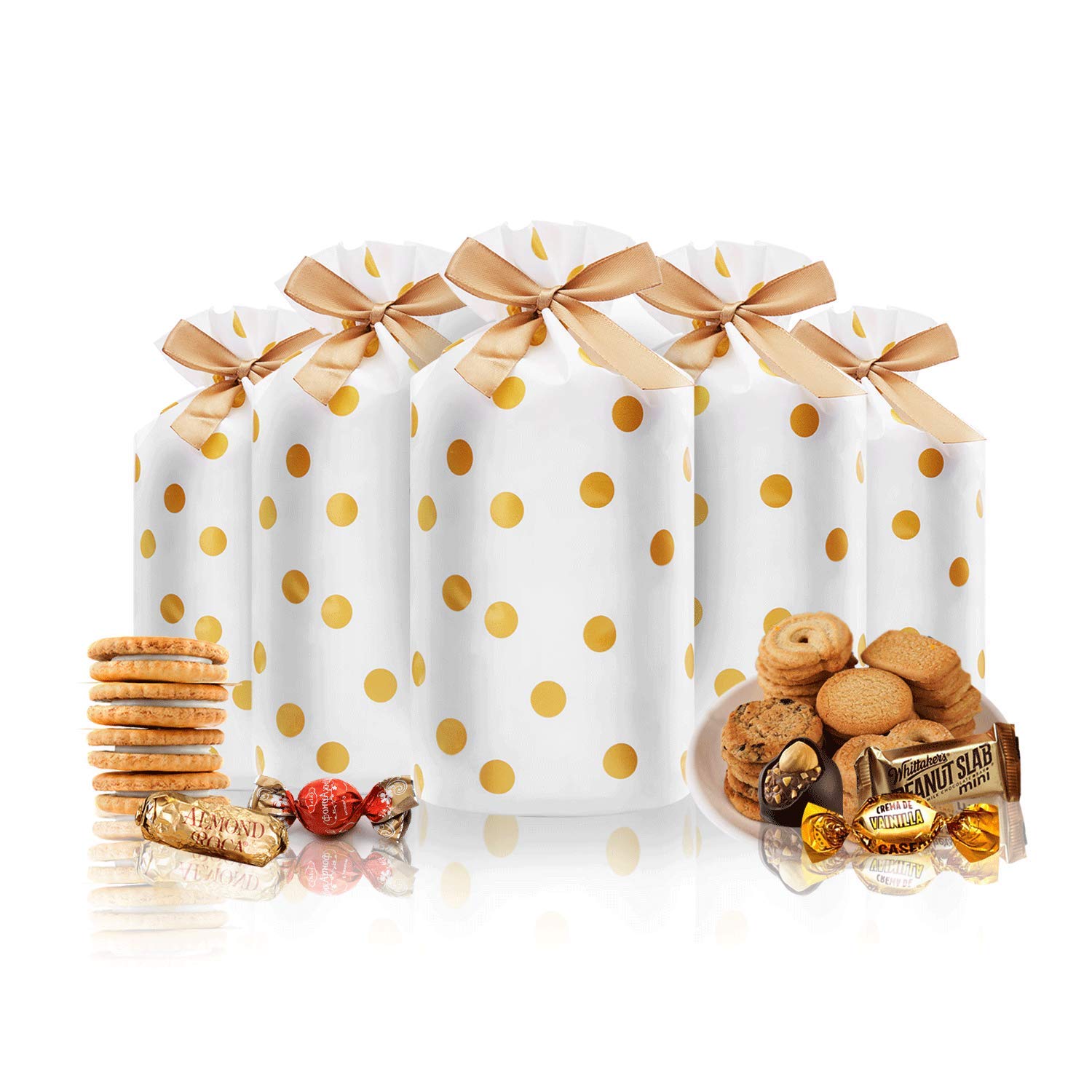 50 Pcs Gold Dot Plastic Drawstring Gift Bags for Candy, Cookies & Party Favors - Treat Bags for Birthday, Wedding, Baby Shower & Holiday Celebrations - Perfect for Snack Wrapping, Gift Giving & Party Decorations