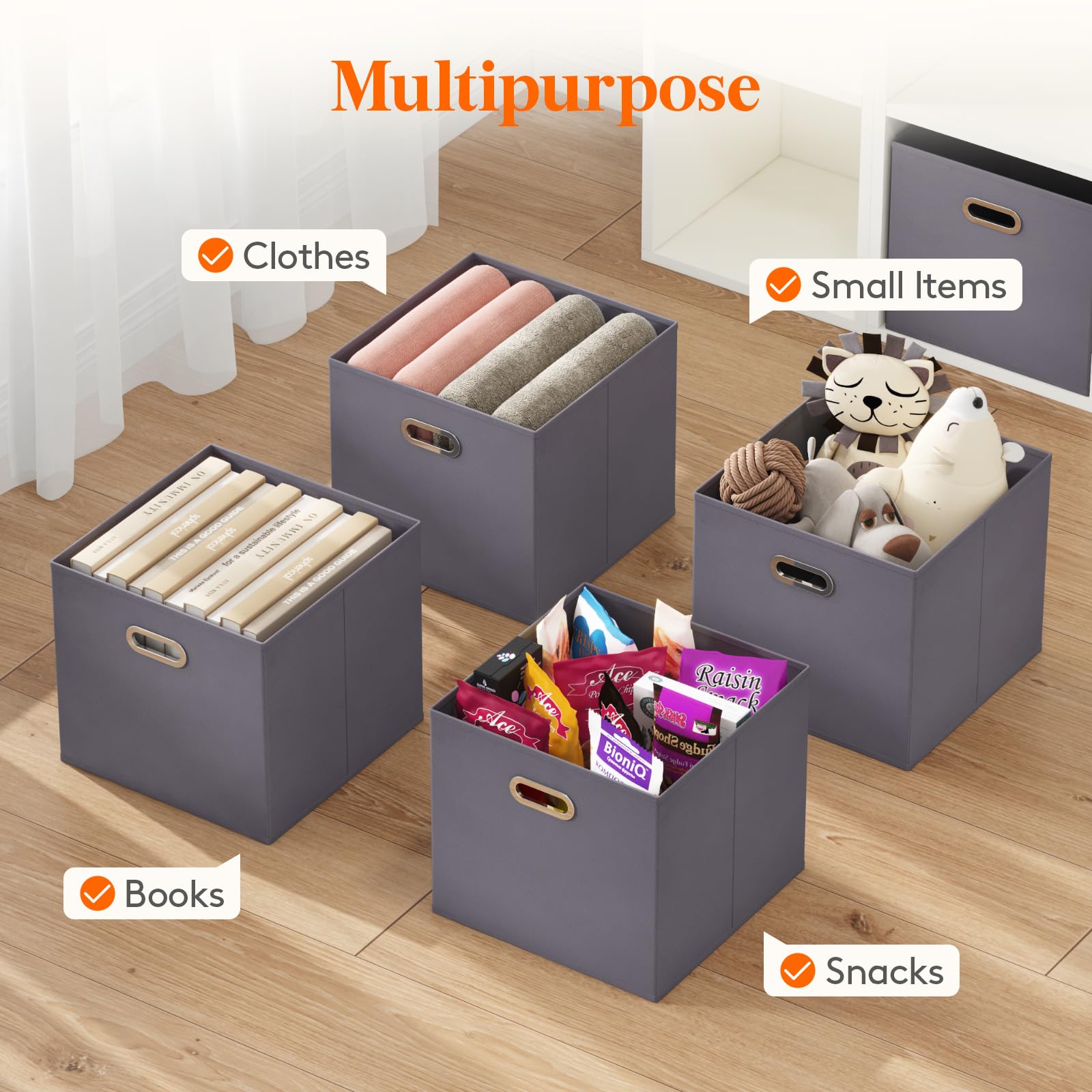 Lifewit 13 Inch Foldable Cube Storage Bins - Set of 8 Gray Fabric Organizer Baskets with Metal Handles for Shelves & Closet | Home Organization Solutions for Bedroom, Living Room & Office Storage