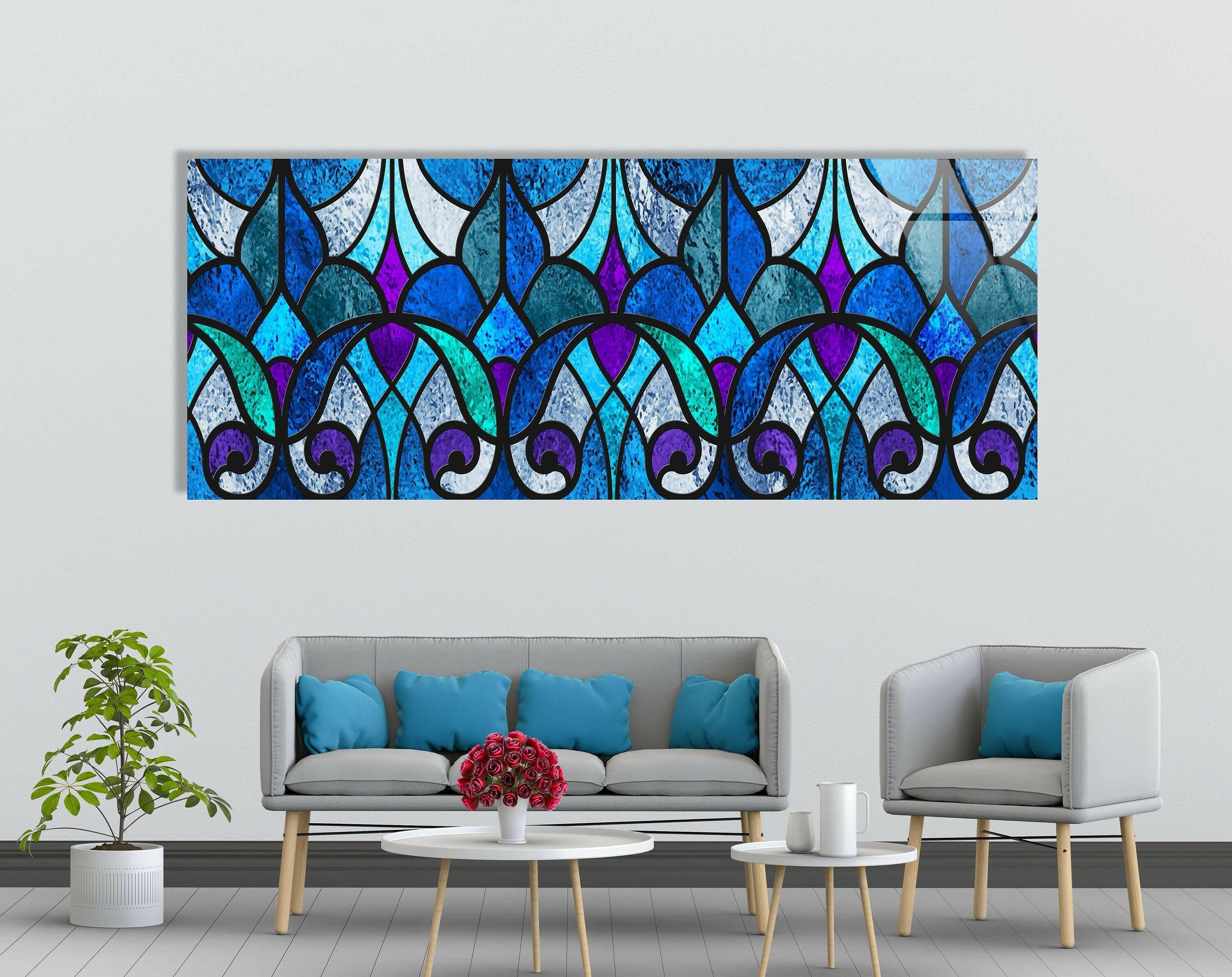 Handmade Blue Stained Glass Wall Art Decor - Elegant Tiffany Style Window Panel for Home, Church & Wedding Decorations