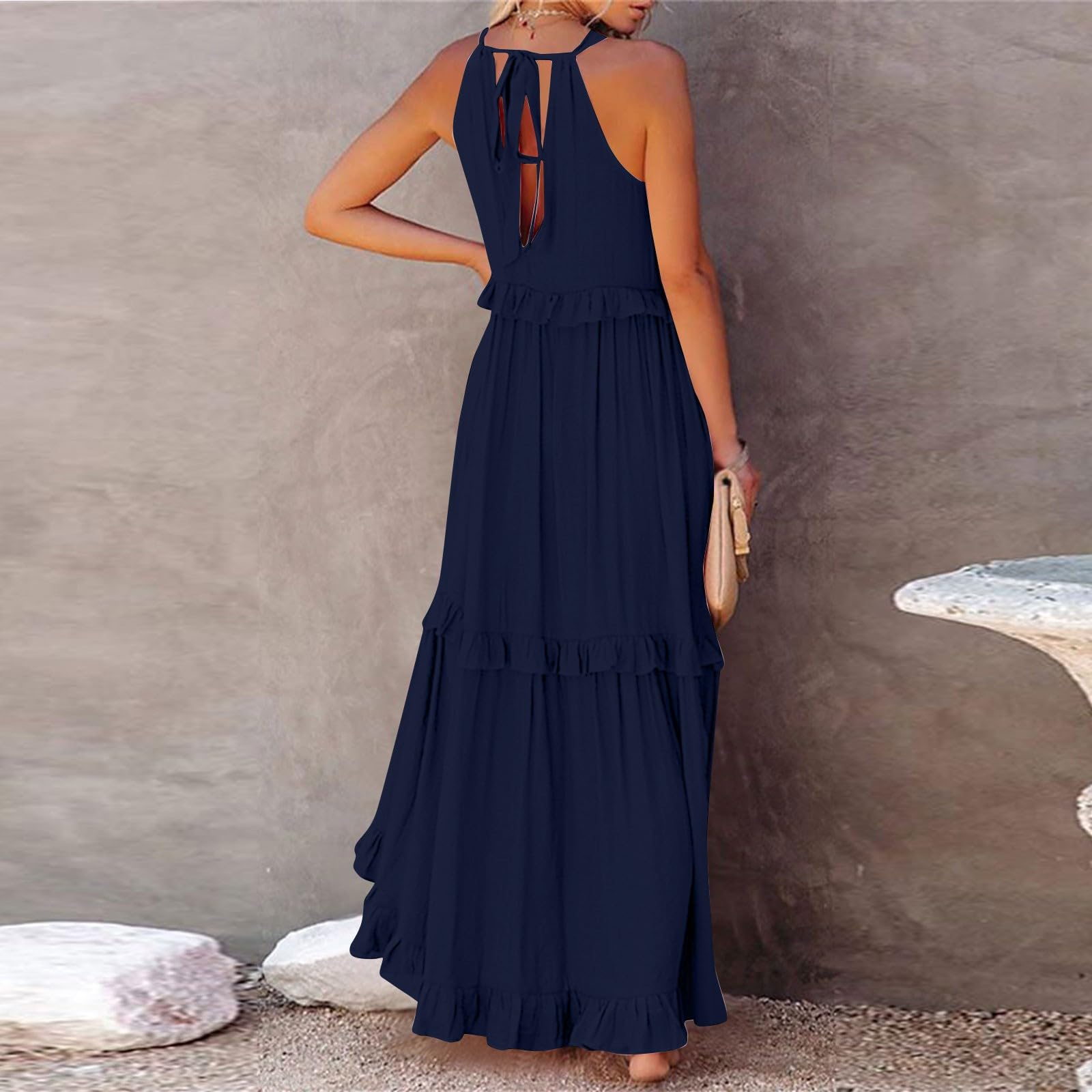 Women's Halter Maxi Dress - Smocked Tiered Flowy Swing Dress for Summer, Cocktail, Wedding Guest | Formal & Casual Occasions w/ Pockets | Perfect for Beach, Party & Evening Events