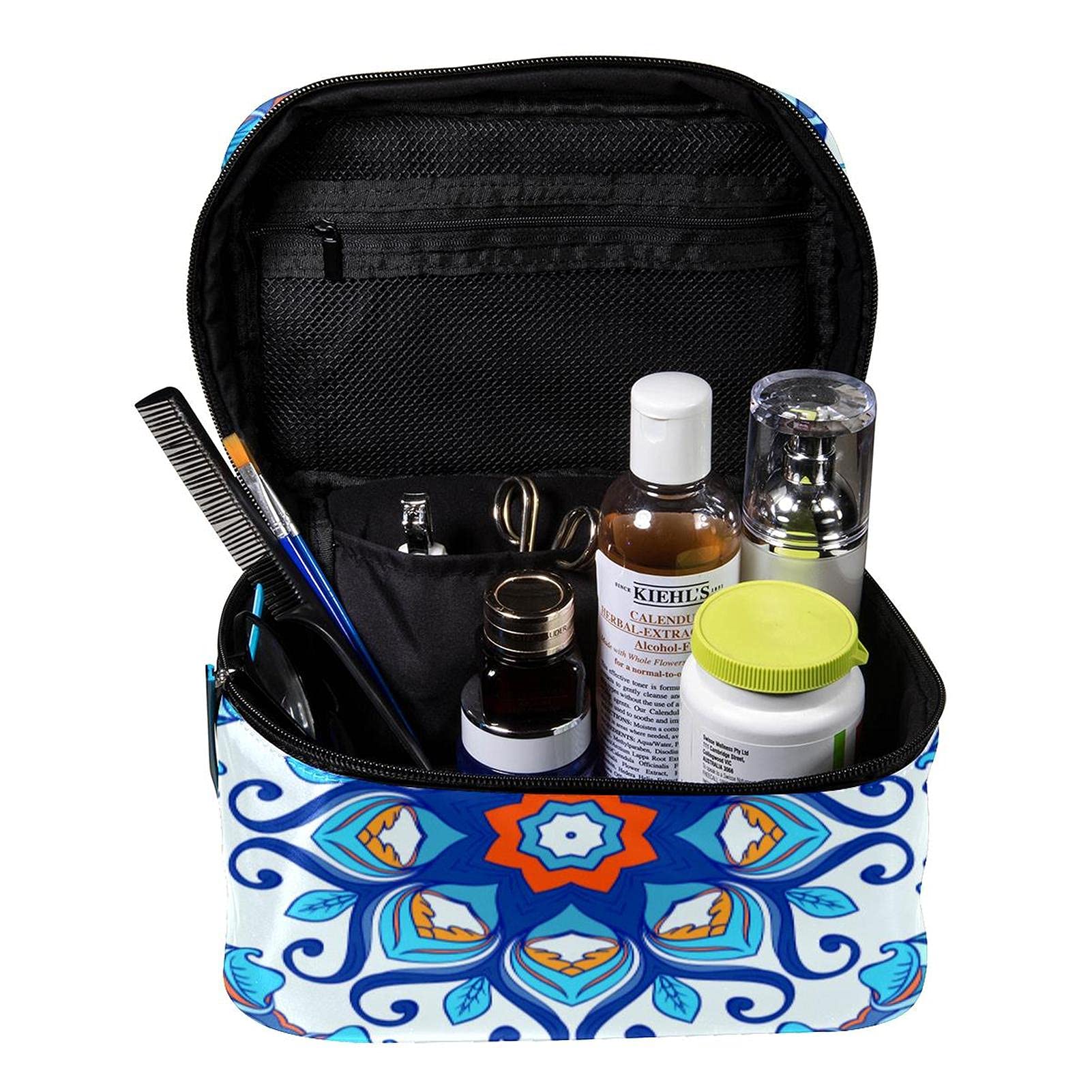 Trippy Mandala Blue Floral Travel Makeup Bag - Large Cosmetic Organizer with Zipper for Women & Girls | Perfect for Vacation, Gym, Beach & Daily Essentials Storage