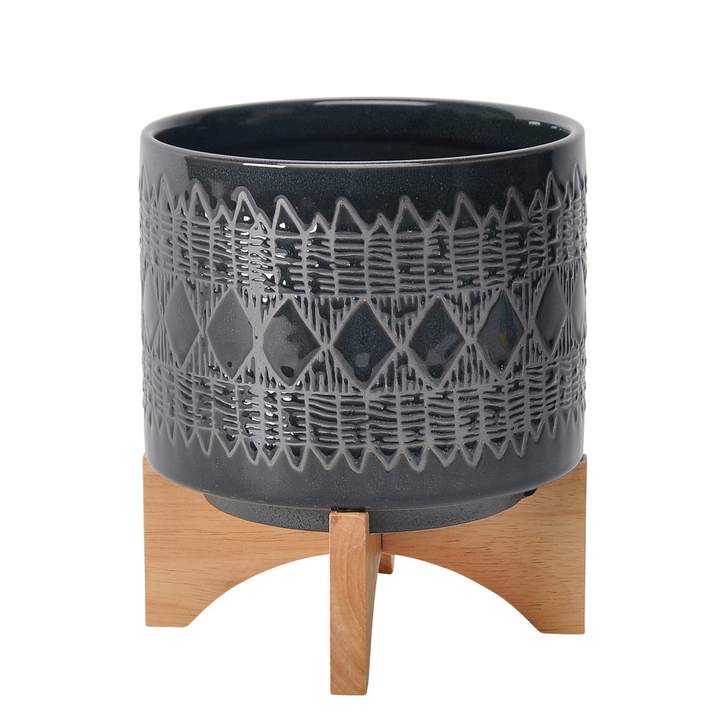 Modern Black Ceramic Planter with Wooden Stand - Large Round Contemporary Design for Indoor Plants, Home Decor, Office & Garden Use