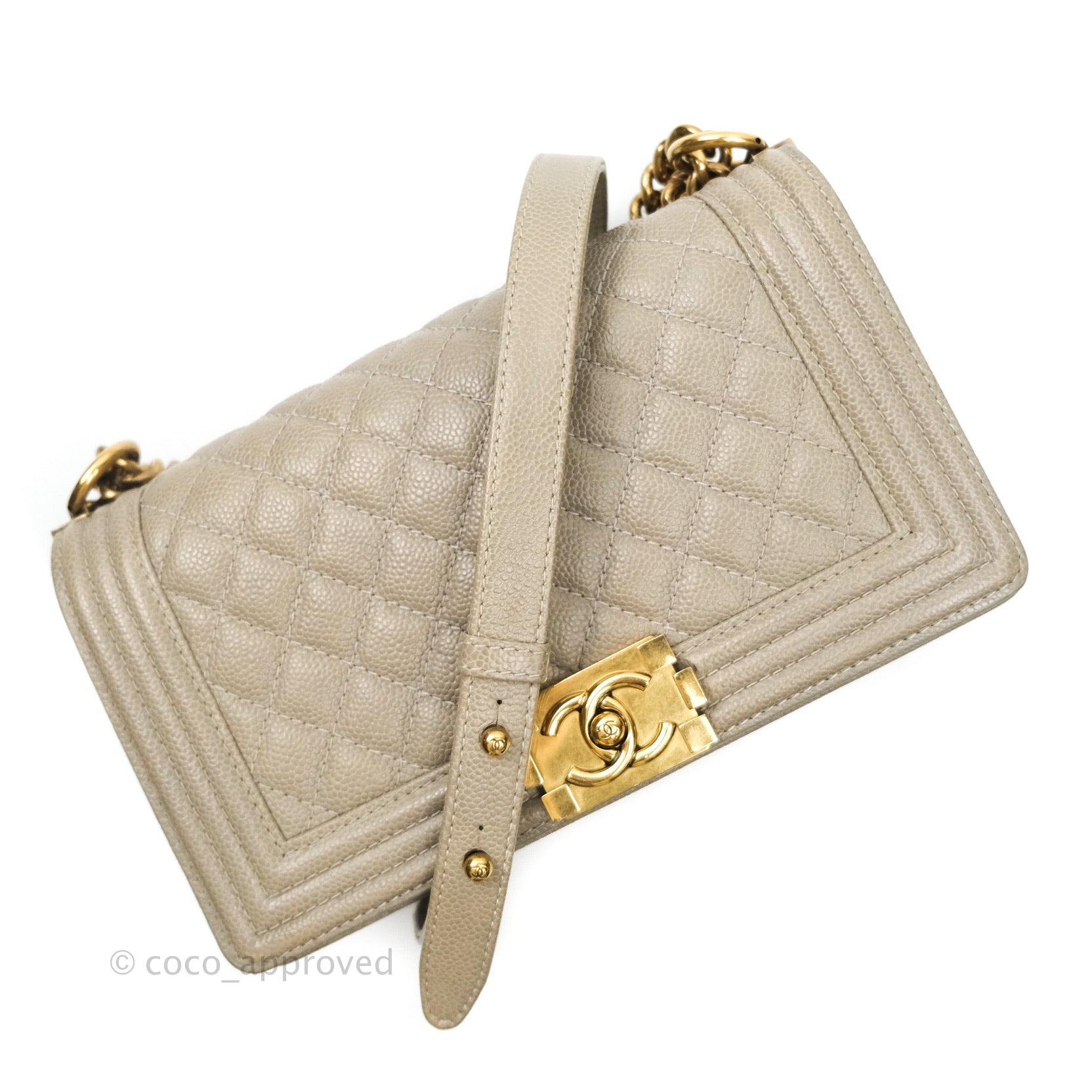 Chanel Boy Quilted Medium Handbag in Taupe Grey Caviar Leather with Gold Hardware - Perfect for Work, Evening Events & Luxury Fashion Accessories