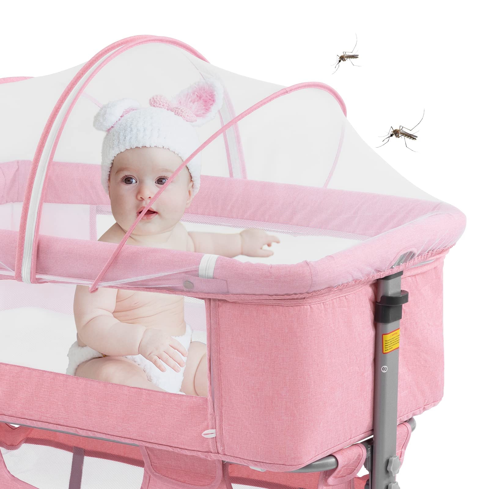 3 in 1 Portable Baby Travel Crib with Breathable Mesh & Adjustable Height - Detachable Mosquito Net & Mattress Included - Perfect for Infants, Toddlers & Newborns (Pink) | Ideal for Home, Travel, Camping & Outdoor Use