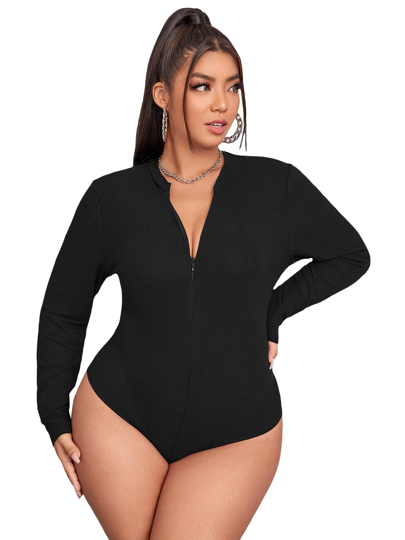 SOLY HUX Women's Plus Size Zipper Front Long Sleeve Bodysuit Tops - Stretchy Comfort for Work, Date Night & Layering | Fashionable Casual & Office Wear