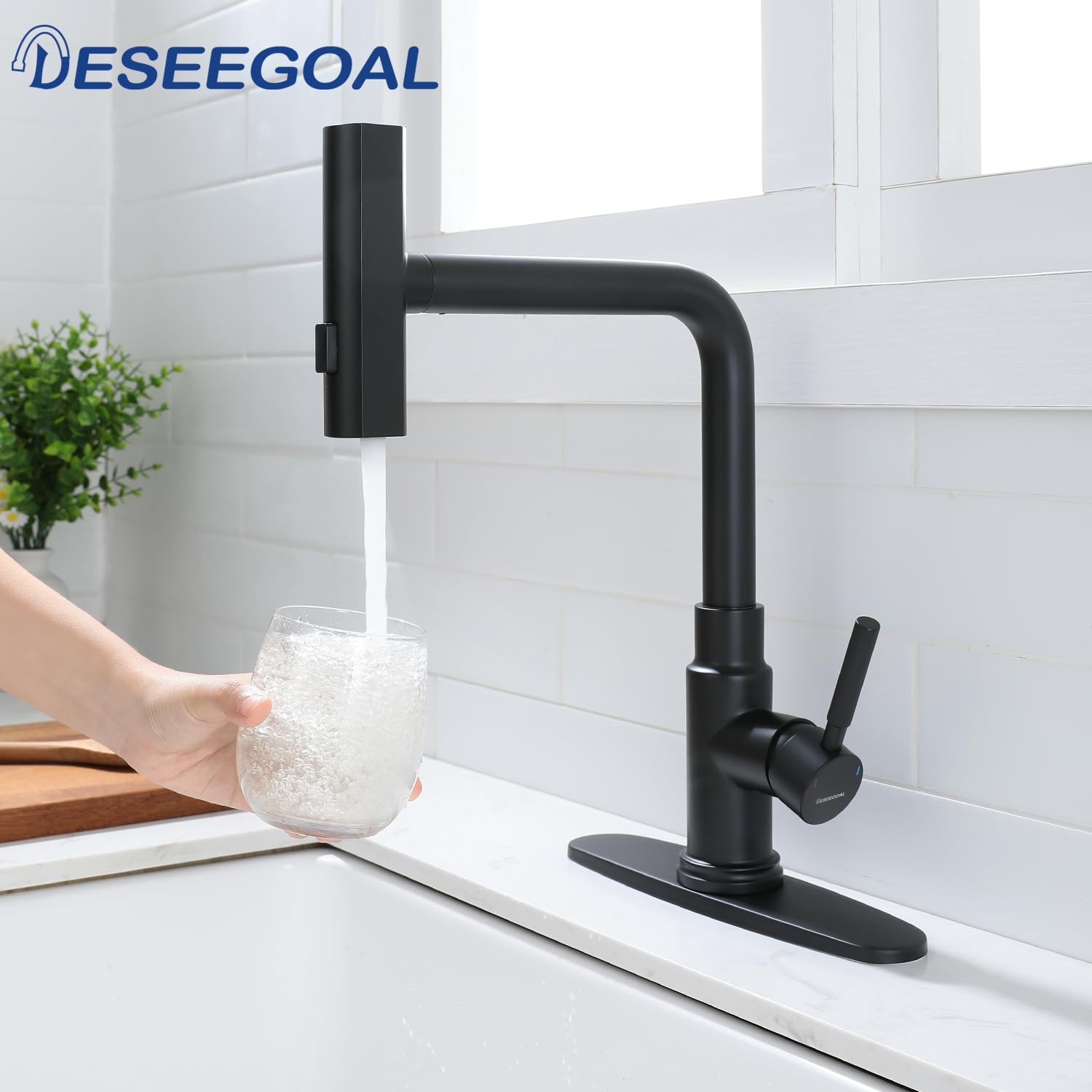 360° Rotatable Black Waterfall Kitchen Faucet with 3-Function Pullout Sprayer - Single Handle Design for 1 or 3 Hole Installation - Perfect for Modern and Farmhouse Kitchen Sinks