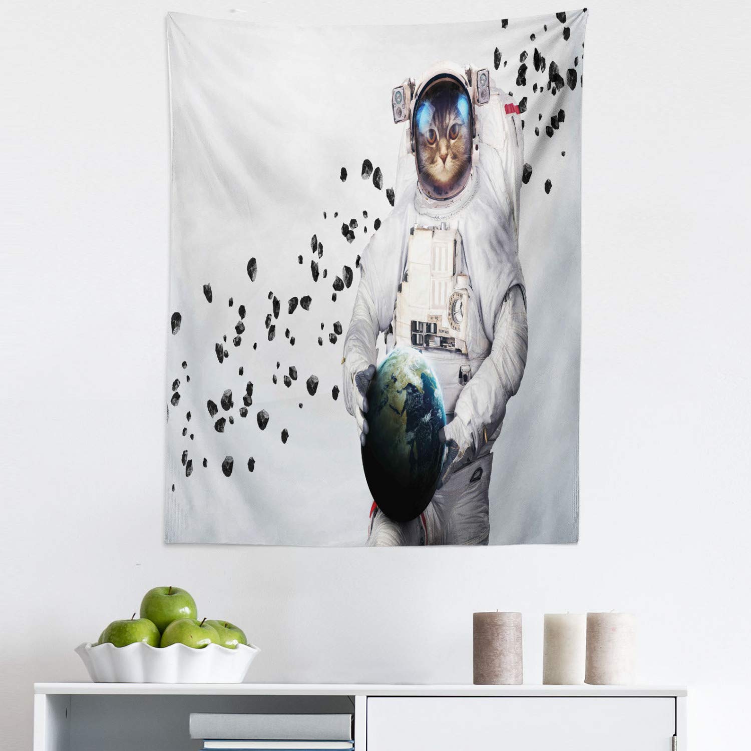 Ambesonne Space Cat Tapestry - Astronaut Kitten in Space Suit Holding Planet with Galaxy Design, Fabric Wall Art for Bedroom, Living Room, Dorm Decor - 23x28 Inches, White Black Blue - Perfect for Space Theme Rooms & Gift for Cat Lovers
