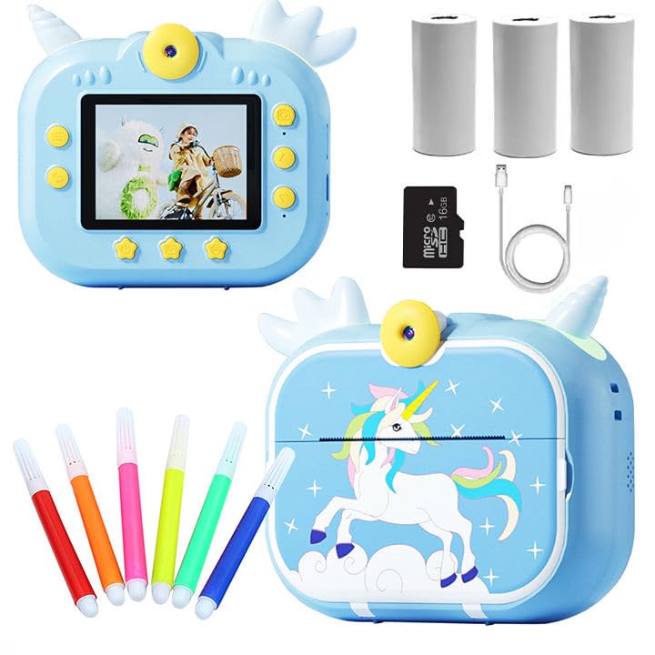 Kids Instant Print Digital Camera - Selfie Video Camera for Boys & Girls with Photo Paper Rolls & 16GB Micro SD Card | Perfect Birthday Gift for Children's Photography & Travel Adventures