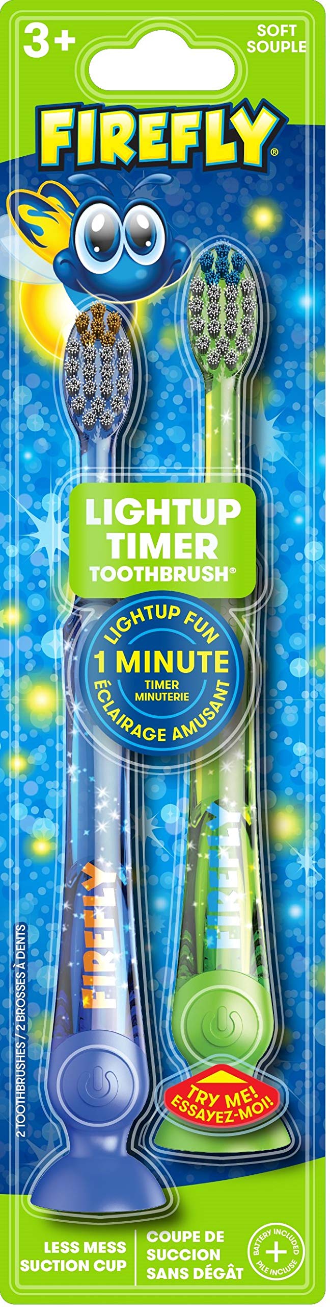 FIREFLY LED Light-Up Timer Kids Toothbrush with Suction Cup - 2 Pack | Fun Bath Time & Teeth Brushing Routine for Children | Perfect for Toddler Dental Care & Early Learning