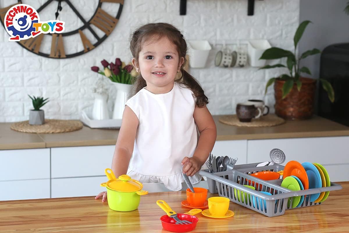 **Kids Pretend Play Kitchen Dishes Set - 33 Pcs Colorful Toy Cookware with Drainer | Durable Plastic Tableware for Kids | Perfect for Role Play, Learning & Imaginative Fun**