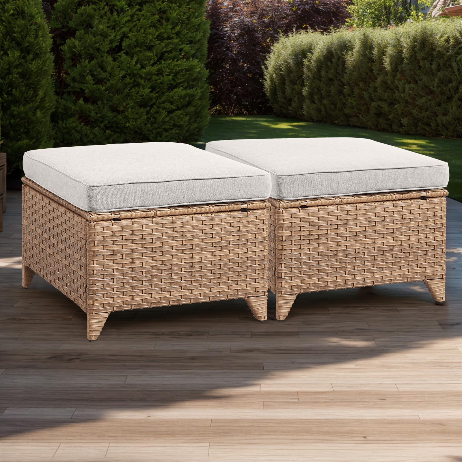 2-Piece Outdoor Wicker Ottoman Set with Thick Cushions - Yellow/Beige Rattan Patio Footrest & Footstool for Garden, Poolside & Backyard Relaxation