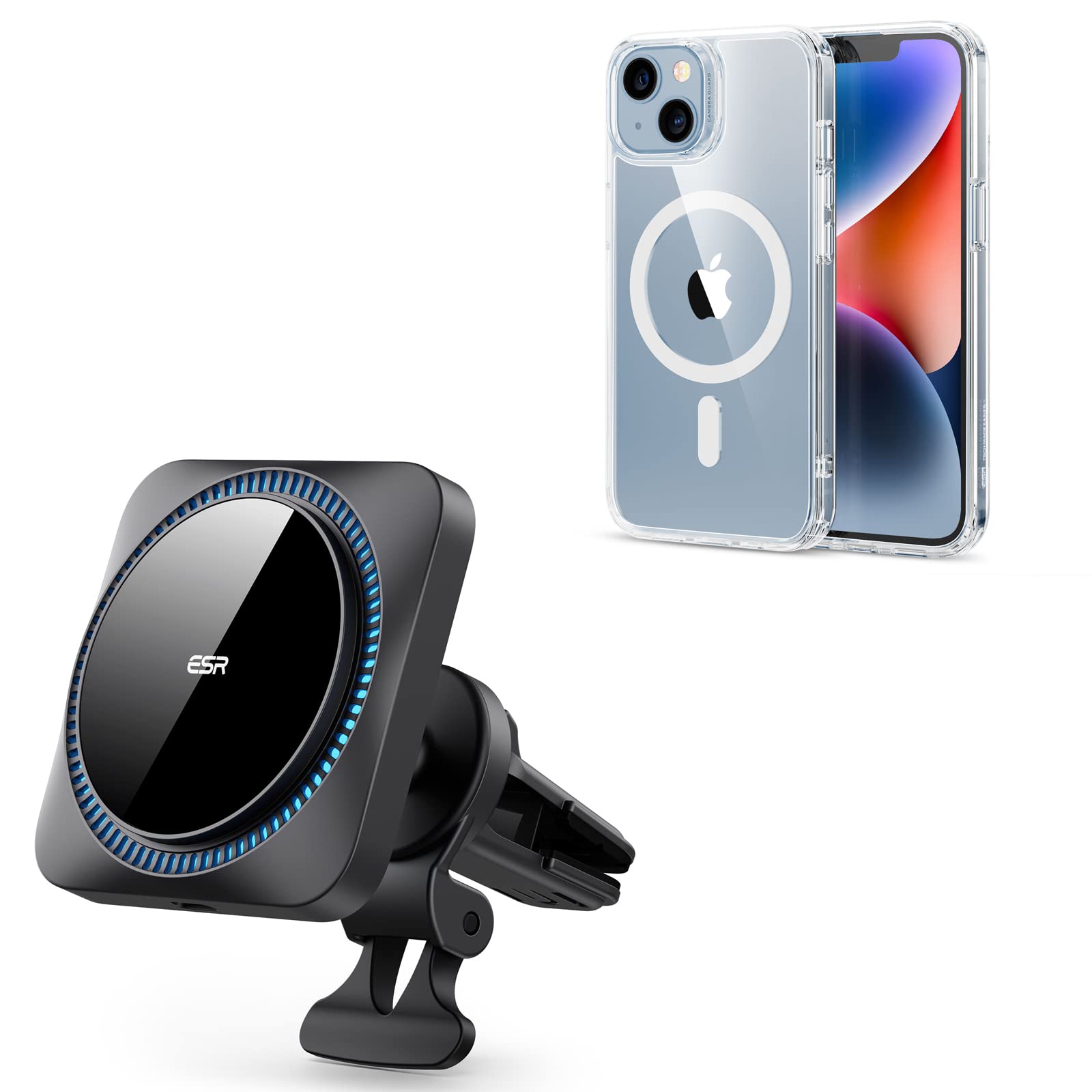 ESR HaloLock Wireless Car Charger with CryoBoost & Classic Hybrid Magnetic Case for iPhone 14/13 - Fast Magnetic Charging, Military-Grade Protection - Perfect for Driving, Commuting & Road Trips