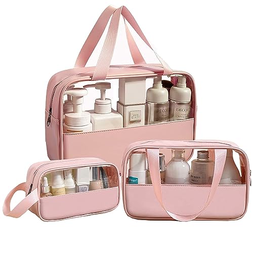 Brukinsa Women's Clear PVC Waterproof Makeup Bag for Travel - Pink Patchwork Cosmetic Organizer for Toiletries & Beauty Essentials | Perfect for Gym, Vacation & Daily Use (J-K-79375893)