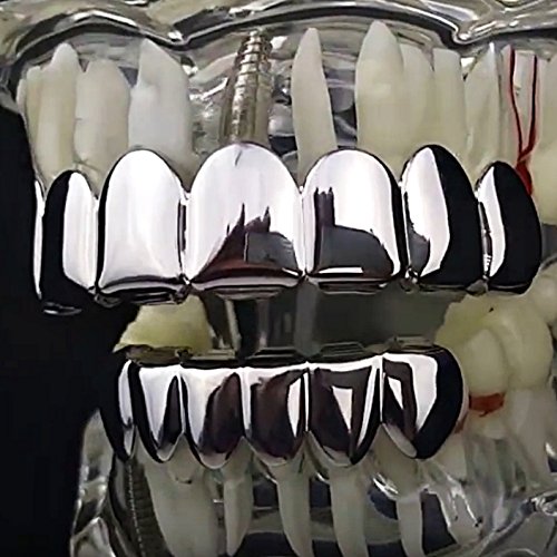 8-Piece Silver Tone Hip Hop Teeth Grill Set - 6 Lower & 2 Upper Grills for Men & Women | Perfect for Rap Performances, Music Videos, and Streetwear Fashion