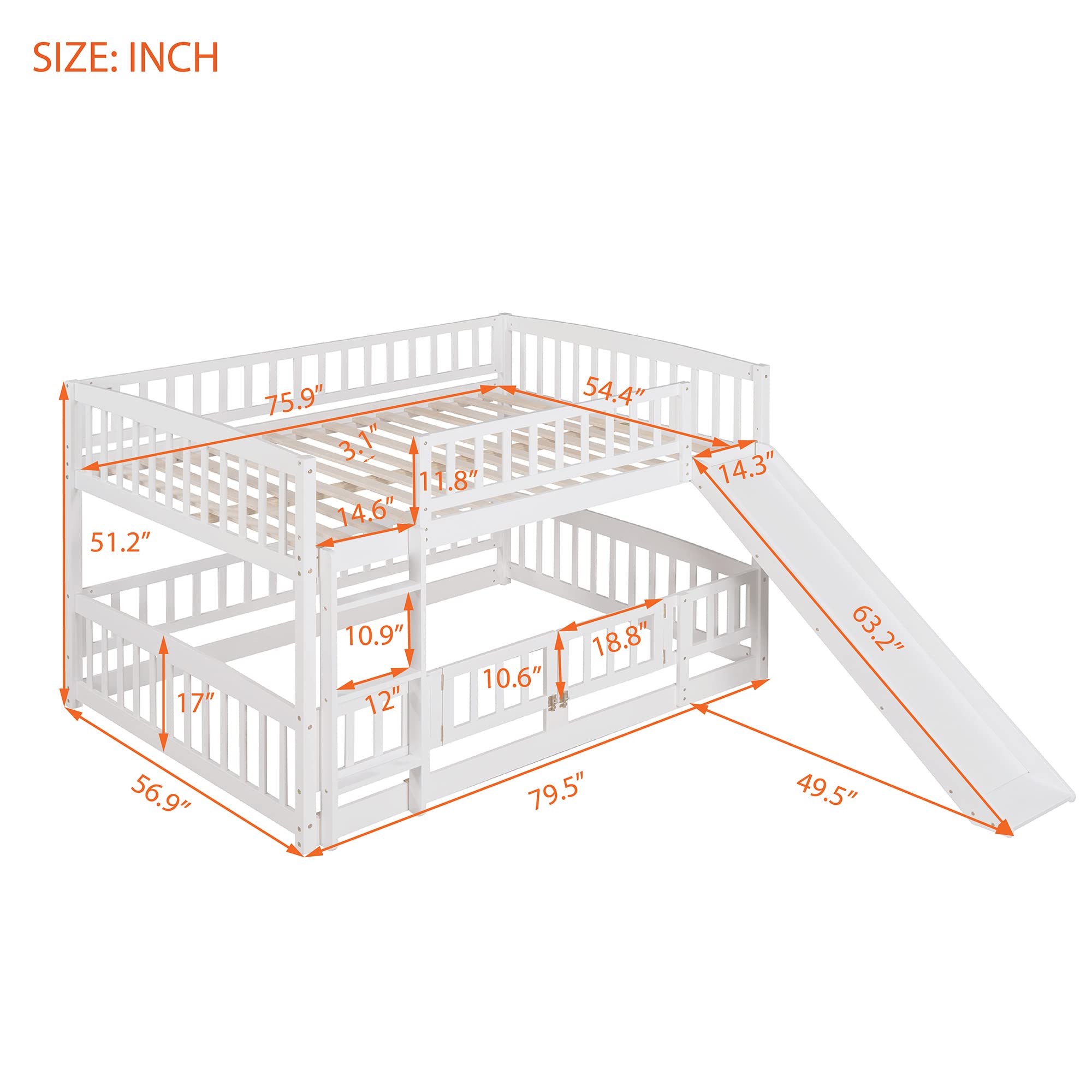 Harper & Bright Designs Full Over Full Low Bunk Beds with Slide, Safety Fence & Ladder - Sturdy Wooden Kids Bunk Bed for Boys & Girls - Perfect for Small Rooms, Shared Kids Bedrooms & Sleepovers - White