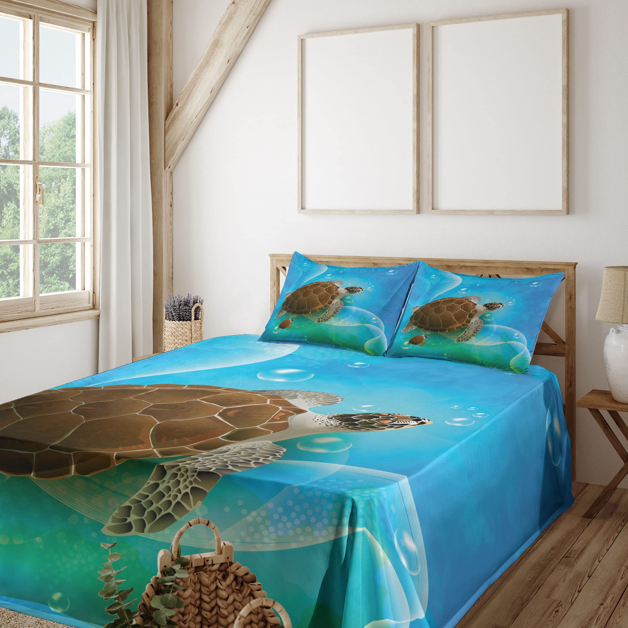 Ambesonne Ocean Turtle Family Bed Sheet Set - 4 Piece Queen Size, Green Blue Brown Underwater Cartoon Design, Fitted & Flat Sheets with Pillowcases | Perfect for Kids' Rooms, Beach Themed Decor & Marine Life Enthusiasts