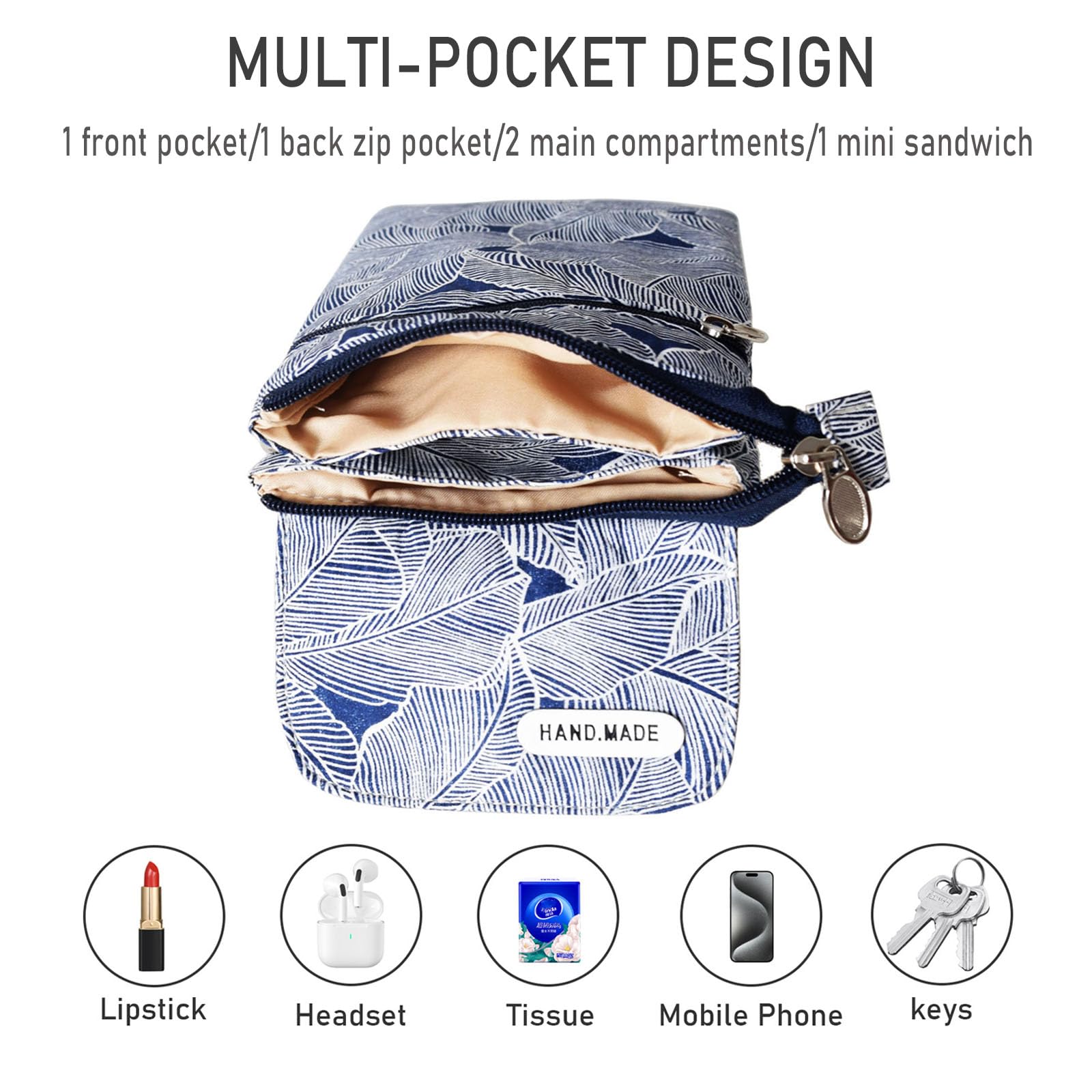 WITERY Leaf Pattern Canvas Crossbody Phone Purse for Women - Lightweight Small Wallet Bag with Adjustable Strap, Perfect for Daily Use, Travel, and Shopping