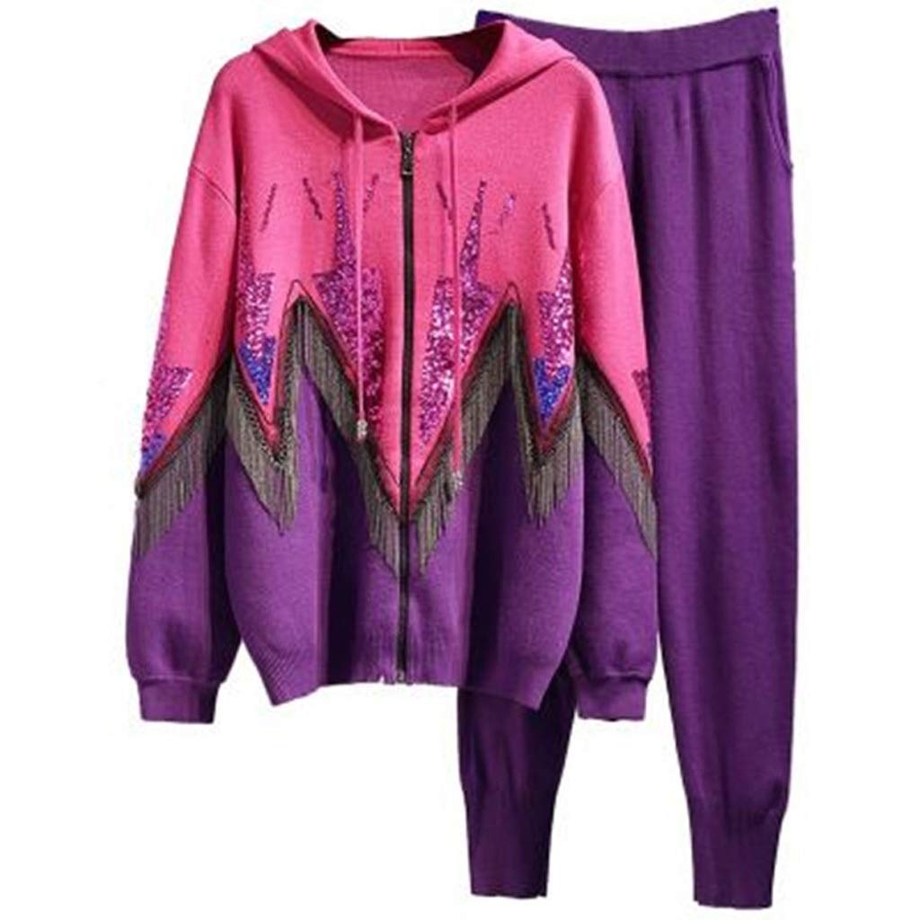 YUTRD ZCJUX Women's Autumn Winter 2-Piece Tracksuit Set with Beaded Tassel Pants - Large Size | Cozy Lounge Wear & Casual Outfit for Fall Winter Season