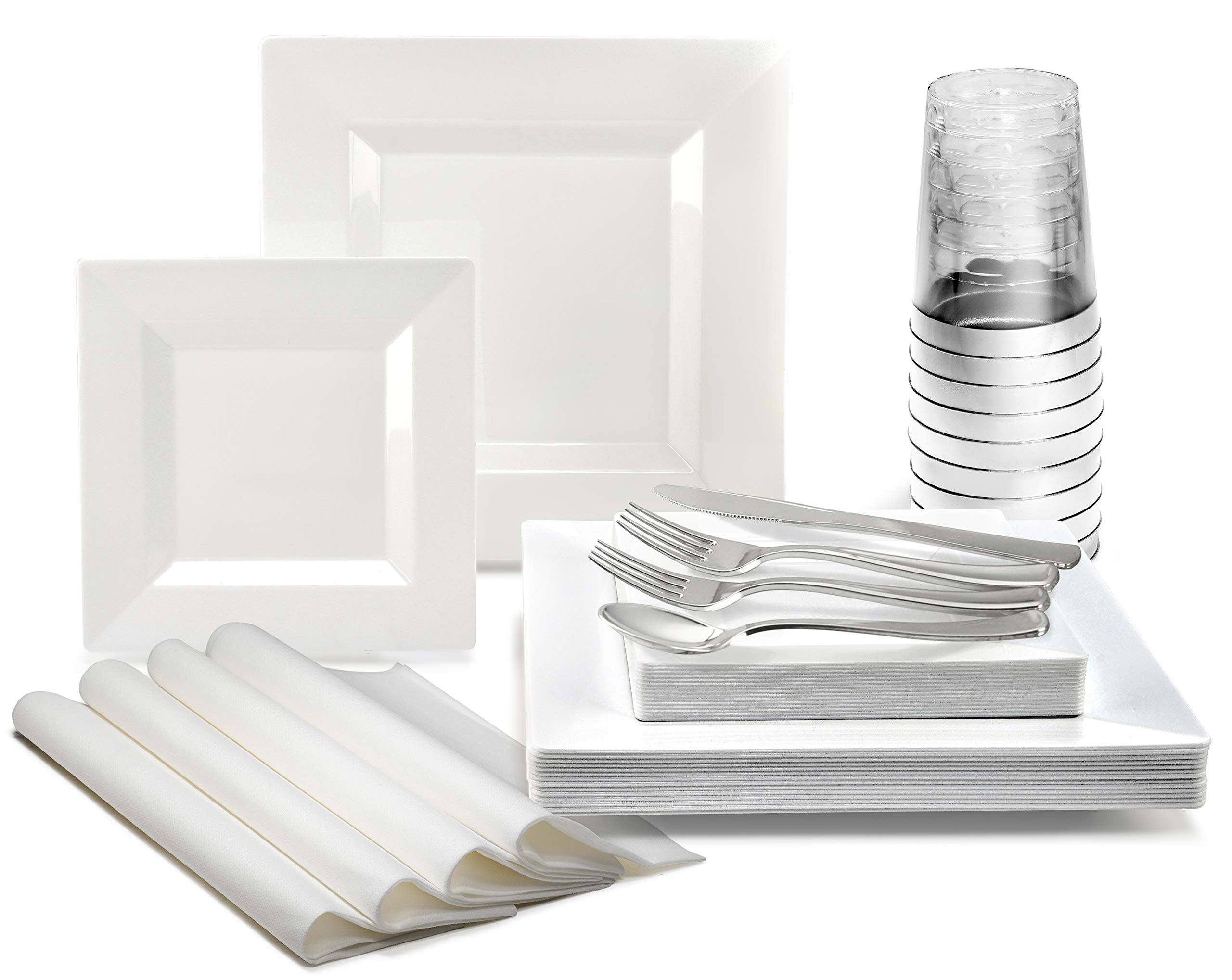 640-Piece Heavyweight Disposable Plastic Plate Set for Weddings & Parties - 80 x 9.5'' Dinner Plates, 80 x 6.5'' Dessert Plates, Silverware, Cups & Napkins (Square White Plates, Silver Silverware) - Perfect for Large Gatherings, Catering Events & Special Occasions
