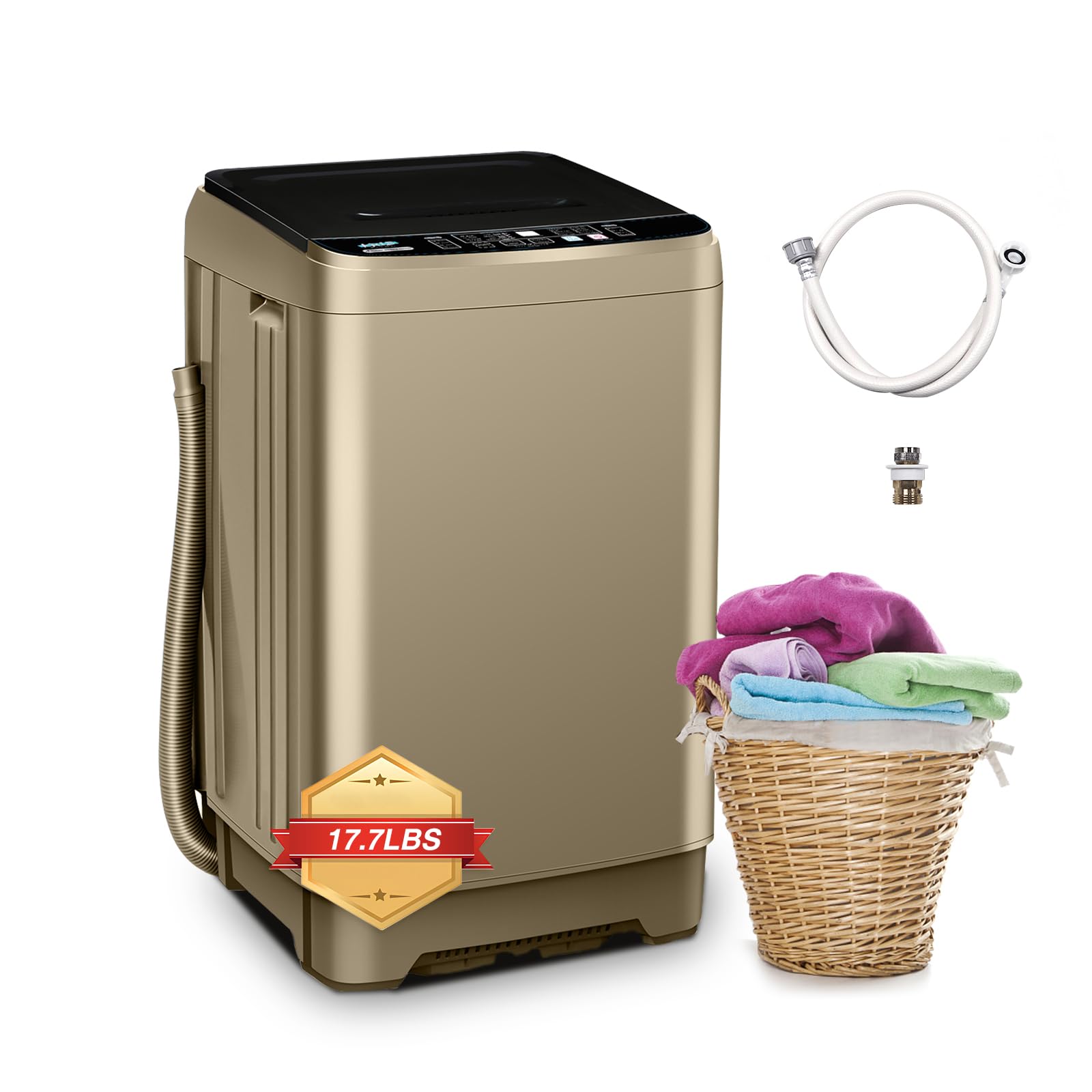 17.7lbs Full-Automatic Portable Washing Machine with LED Display - 10 Wash Programs for Apartment, Home, Dorm, RV - Compact & Energy Efficient (Gold) | Perfect for Small Spaces, Laundry Rooms & Mobile Living