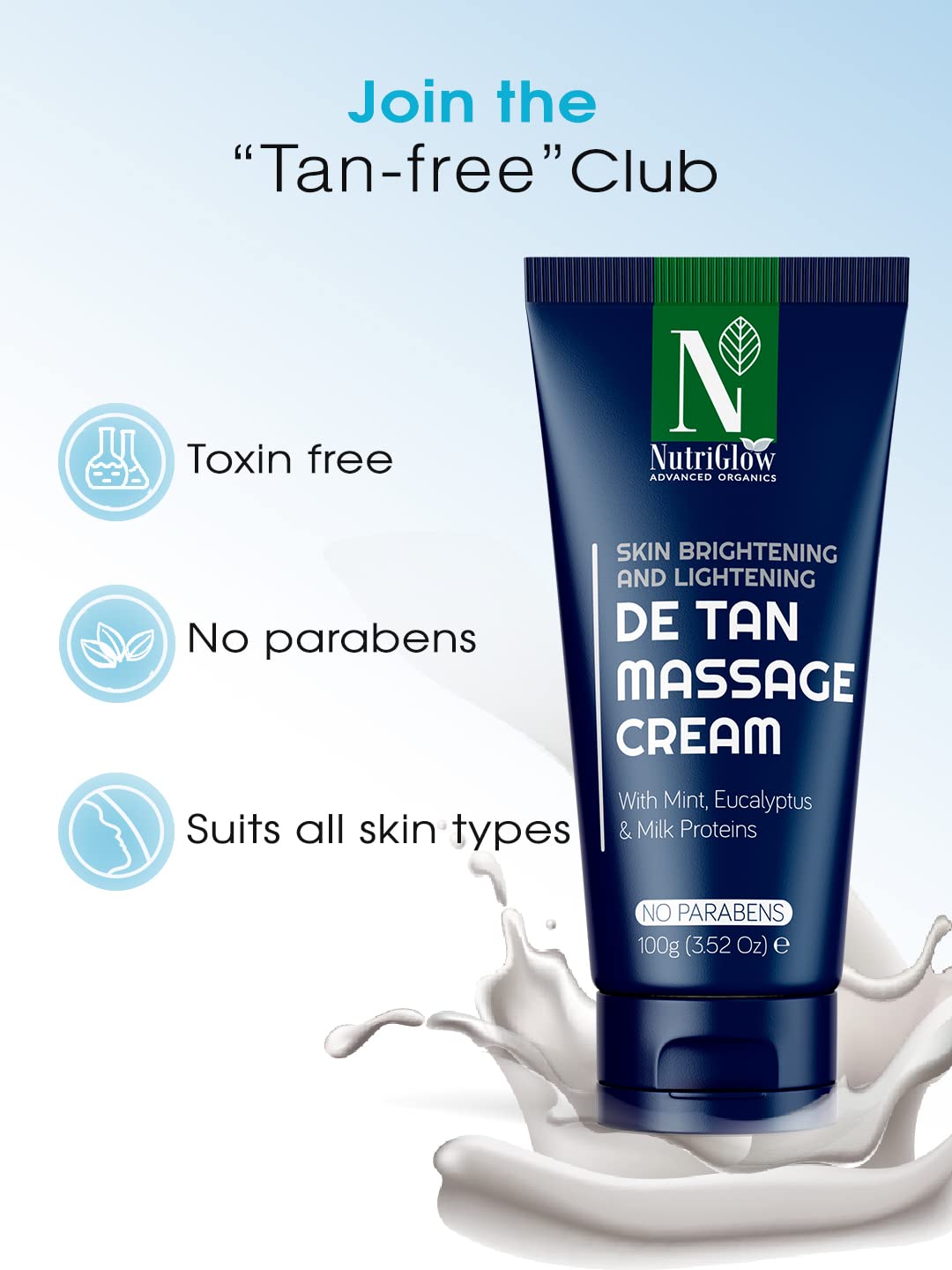 Nutriglow Advanced Organics Detan Massage Cream with Mint and Milk Proteins - Brightening Tan Removal Face Cream for Glowing Skin, 100g | Perfect for Post-Sun Care & Daily Skin Brightening Routine