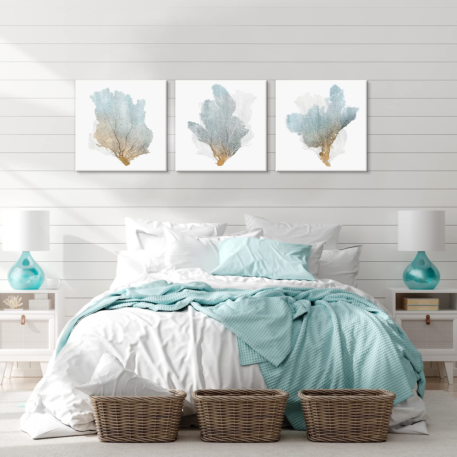 JAPO ART 3-Piece Framed Coral Wall Decor - Coastal Nautical Sea Fan Prints (16x16 Inches) for Bathroom & Bedroom - Beach House Decor, Ocean-Themed Home Accents | Perfect for Coastal Living Rooms, Spa Bathrooms & Seaside Bedroom Design