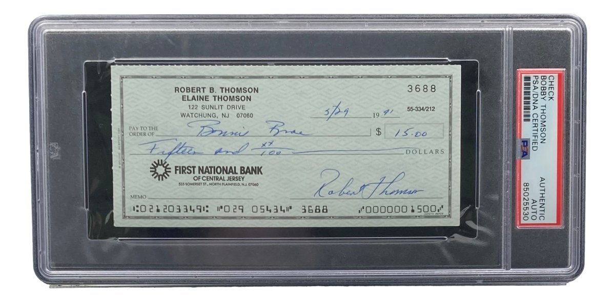 Authentic Bobby Thomson New York Giants Signed Bank Check with PSA/DNA Certification 85025530 - Perfect for Sports Memorabilia Collectors and Baseball Fans
