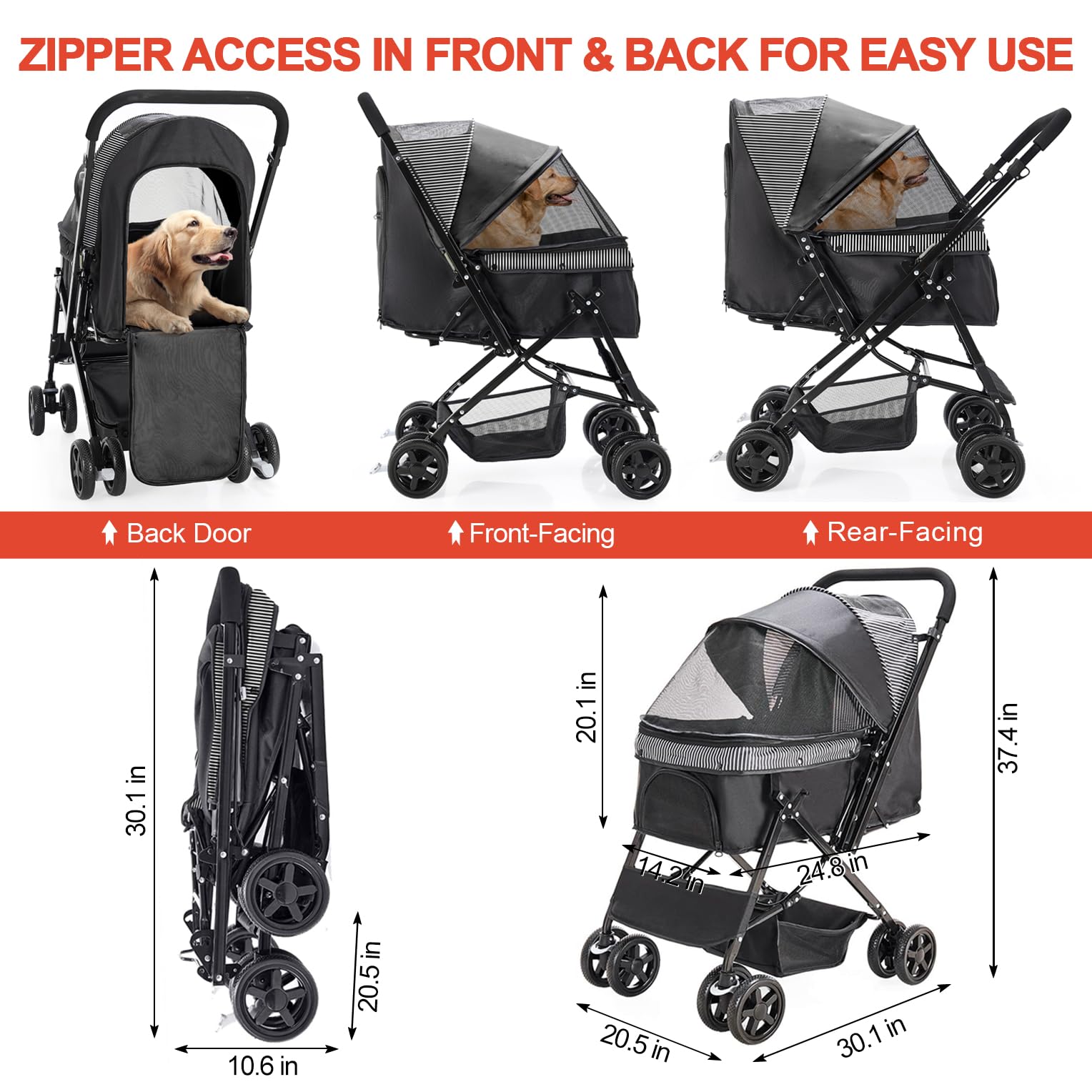 **Foldable Dog Stroller for Large & Medium Dogs & Cats - Reversible Handle, Large Storage Basket - Perfect for Travel, Walks & Vet Visits (Black)**