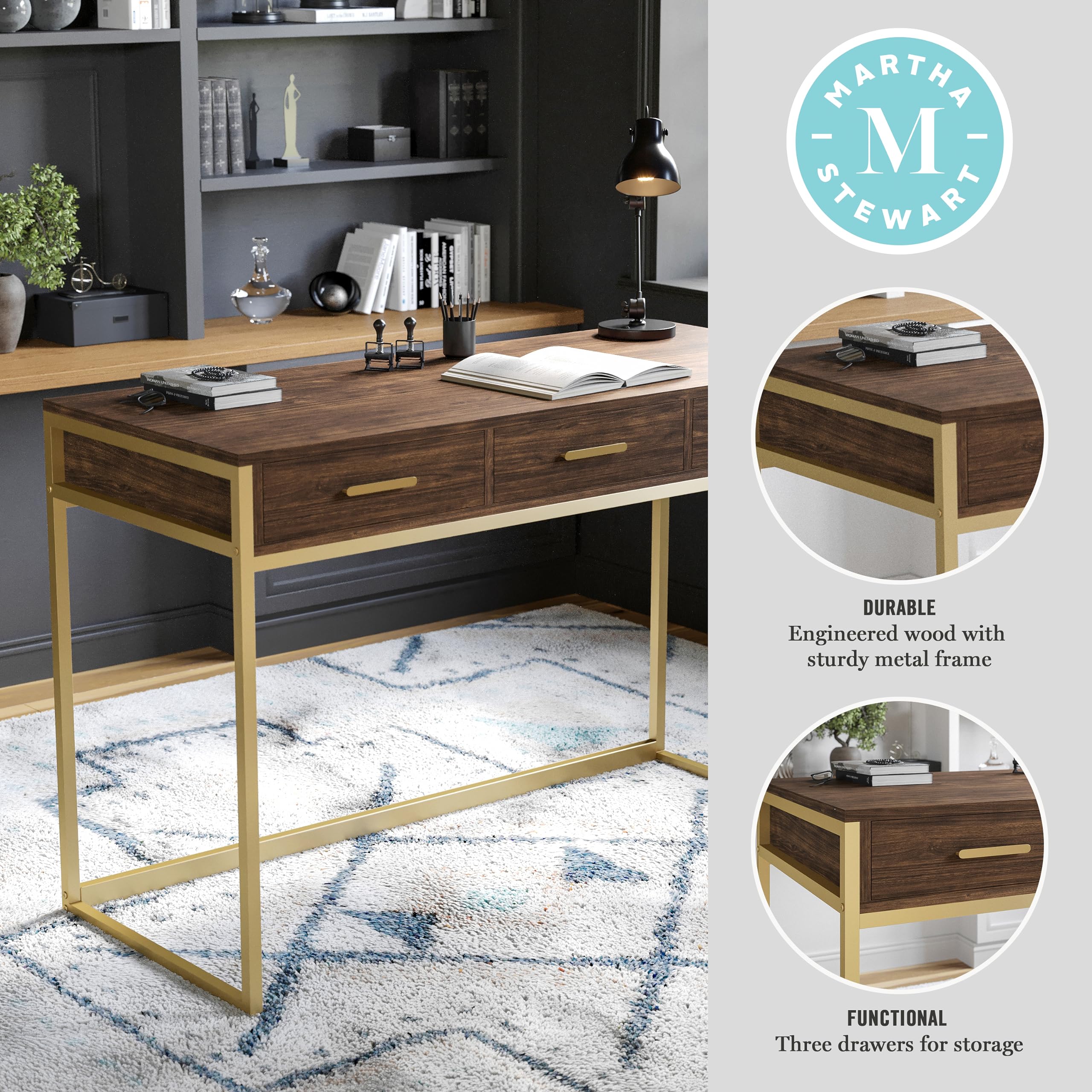 Martha Stewart Ollie Home Office Desk with 3 Drawers - Walnut Wood Grain & Polished Brass Hardware - Perfect for Small Spaces, Remote Work & Modern Home Offices