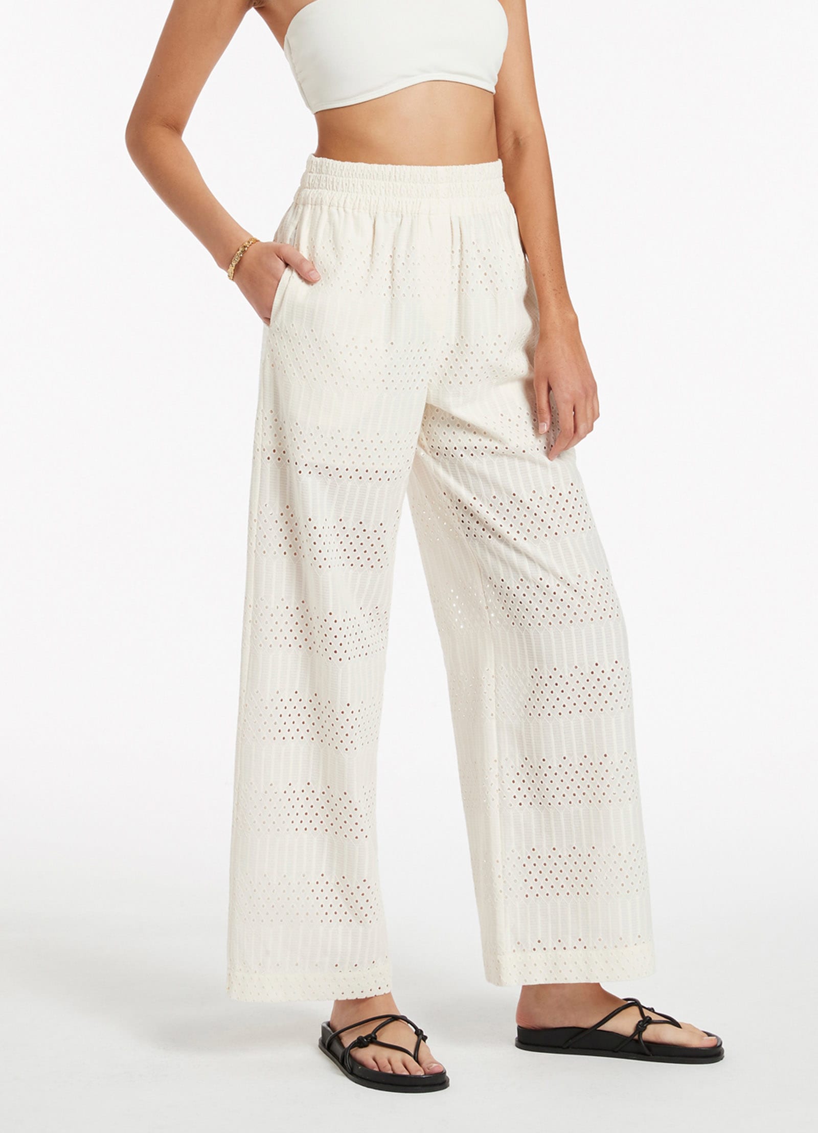 Broderie Wide Leg Pants for Women - Cream Linen High Waisted Boho Pants - Perfect for Summer, Beach, and Casual Outings