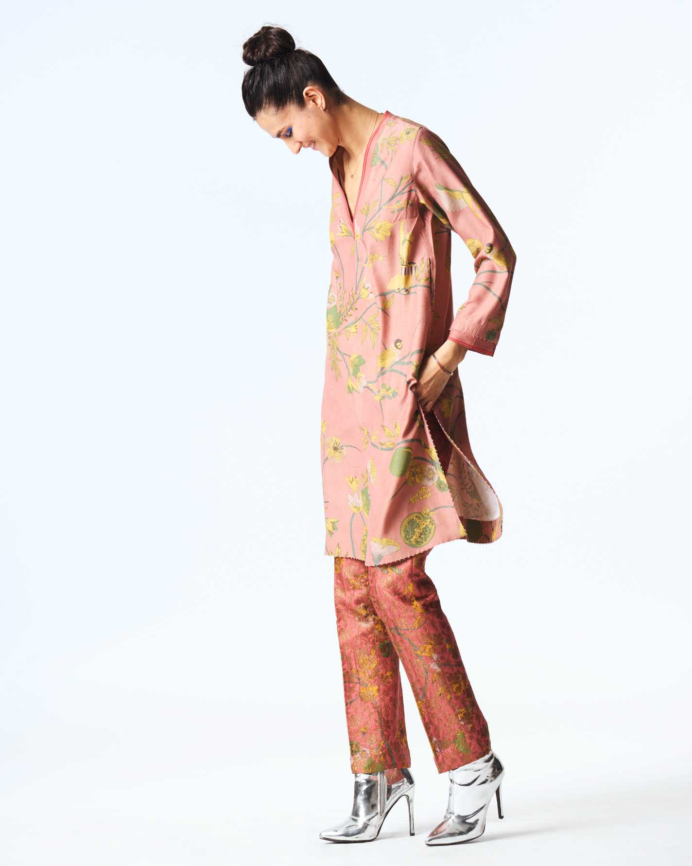 Elegant V Neck Kurta in Luxurious Muga Satin with Rose Design - Perfect for Festive Occasions, Weddings & Cultural Events