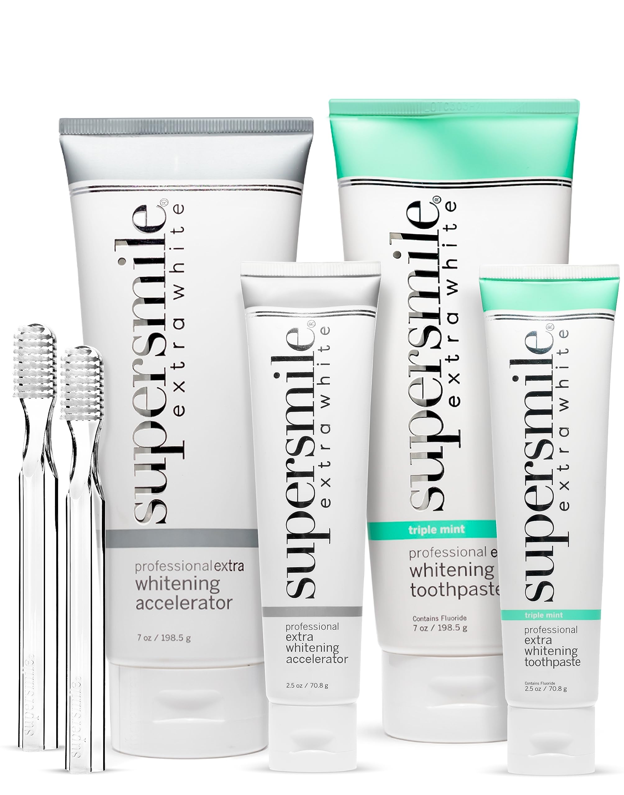 Supersmile Extra Whitening Toothpaste System - Large & Small Tubes with 2 Soft Bristle Toothbrushes for Daily Teeth Whitening and Oral Care at Home