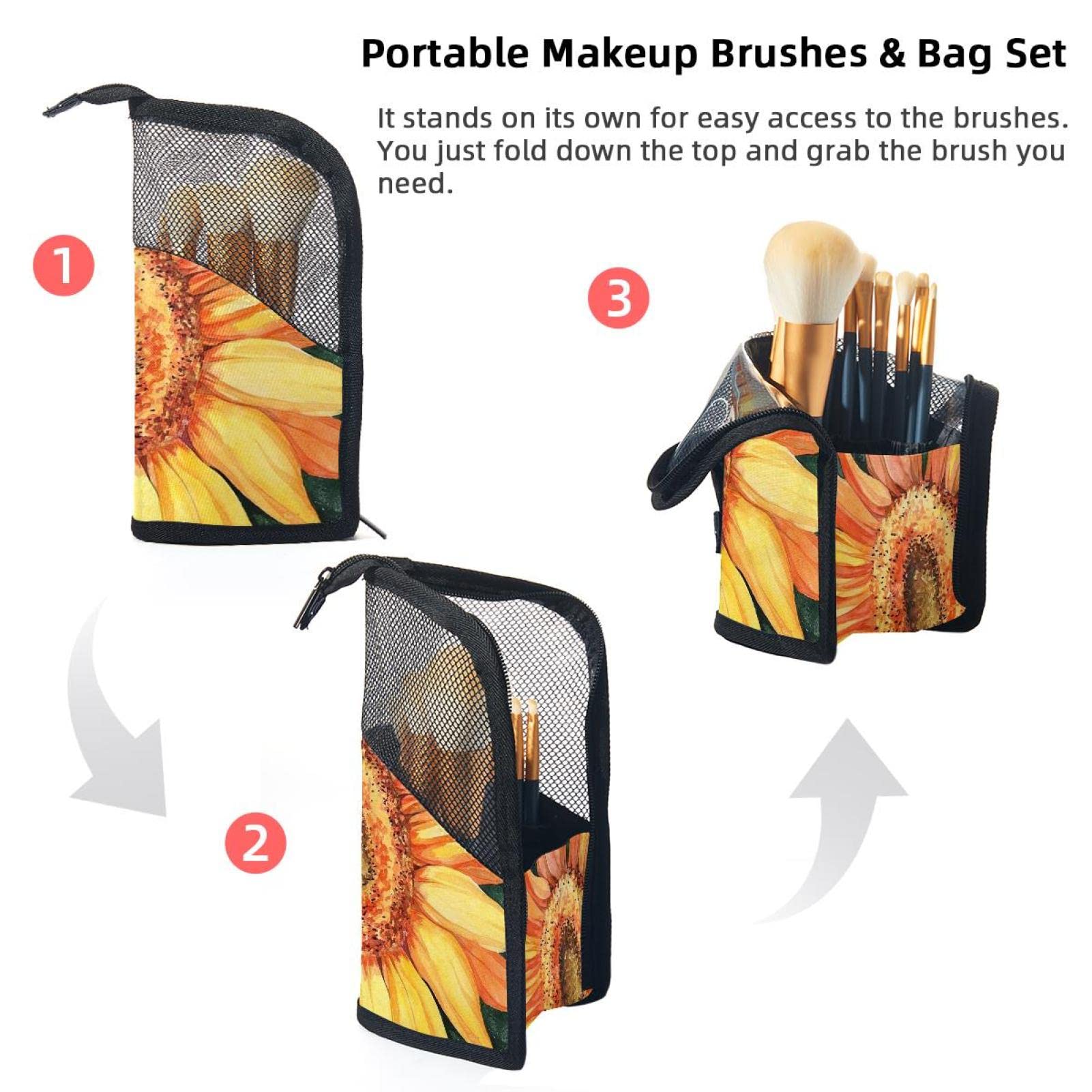 Vintage Sunflower Makeup Brush Organizer Bag with 12 Slots - Portable Cosmetic Brush Holder Case for Travel, Home & Professional Makeup Artists