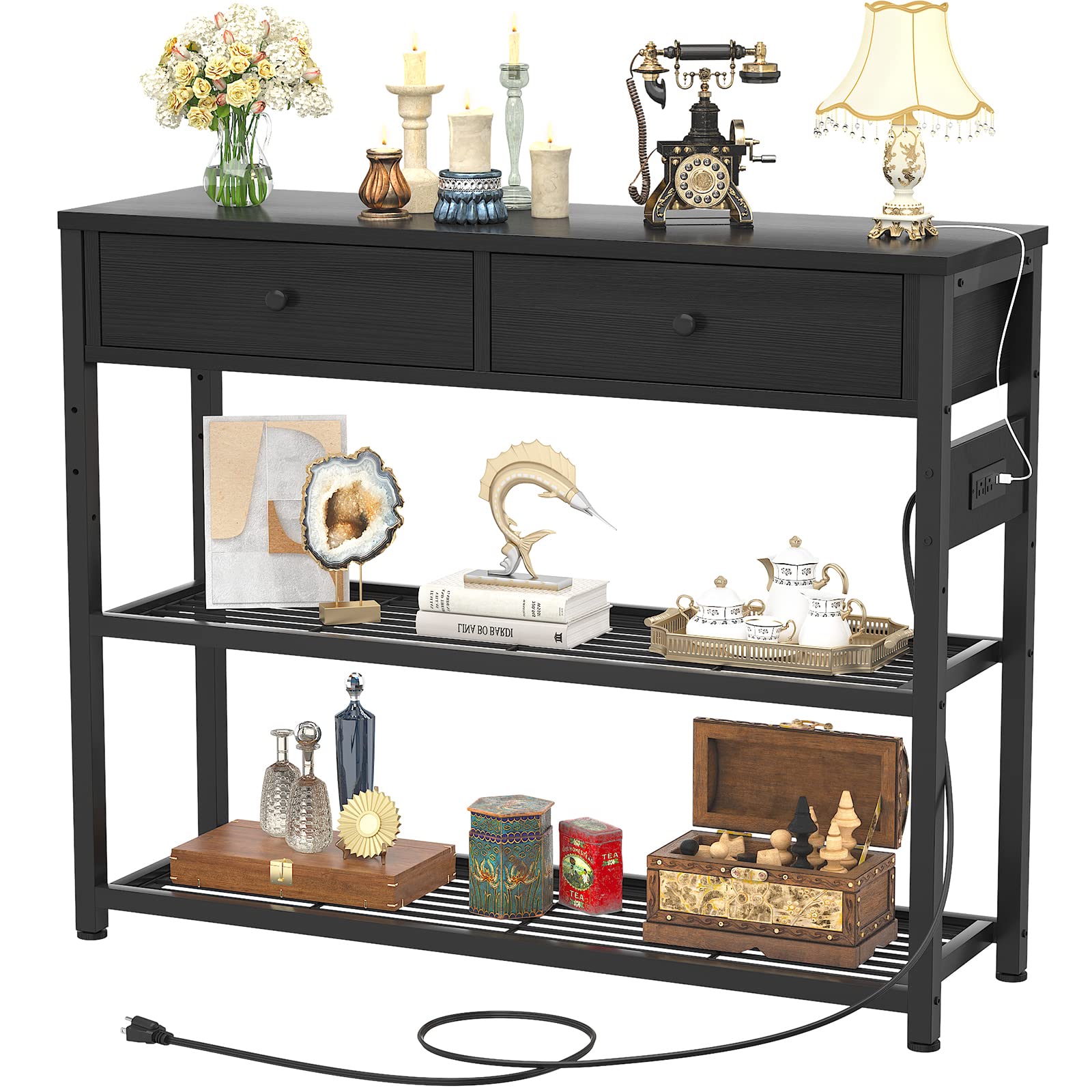 Ecoprsio 32'' Entryway Table with Outlets & USB Ports - Modern Console Table with 2 Drawers & Storage Shelves - Small Sofa Table for Living Room, Hallway, Foyer - Perfect for Charging Devices & Organizing Keys, Mail in Entryways (Black)