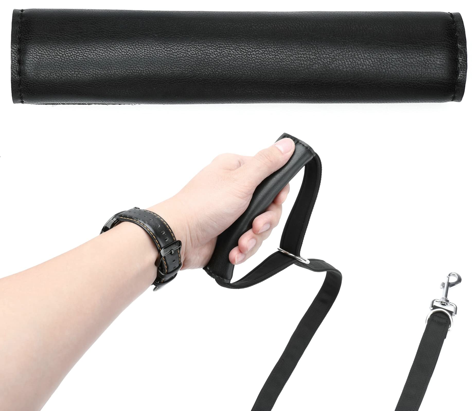 Dog Leash Grip Handle Sleeve - Leather & Neoprene Wrap for Comfortable Control, Black - Ideal for Walking, Training, and Outdoor Adventures